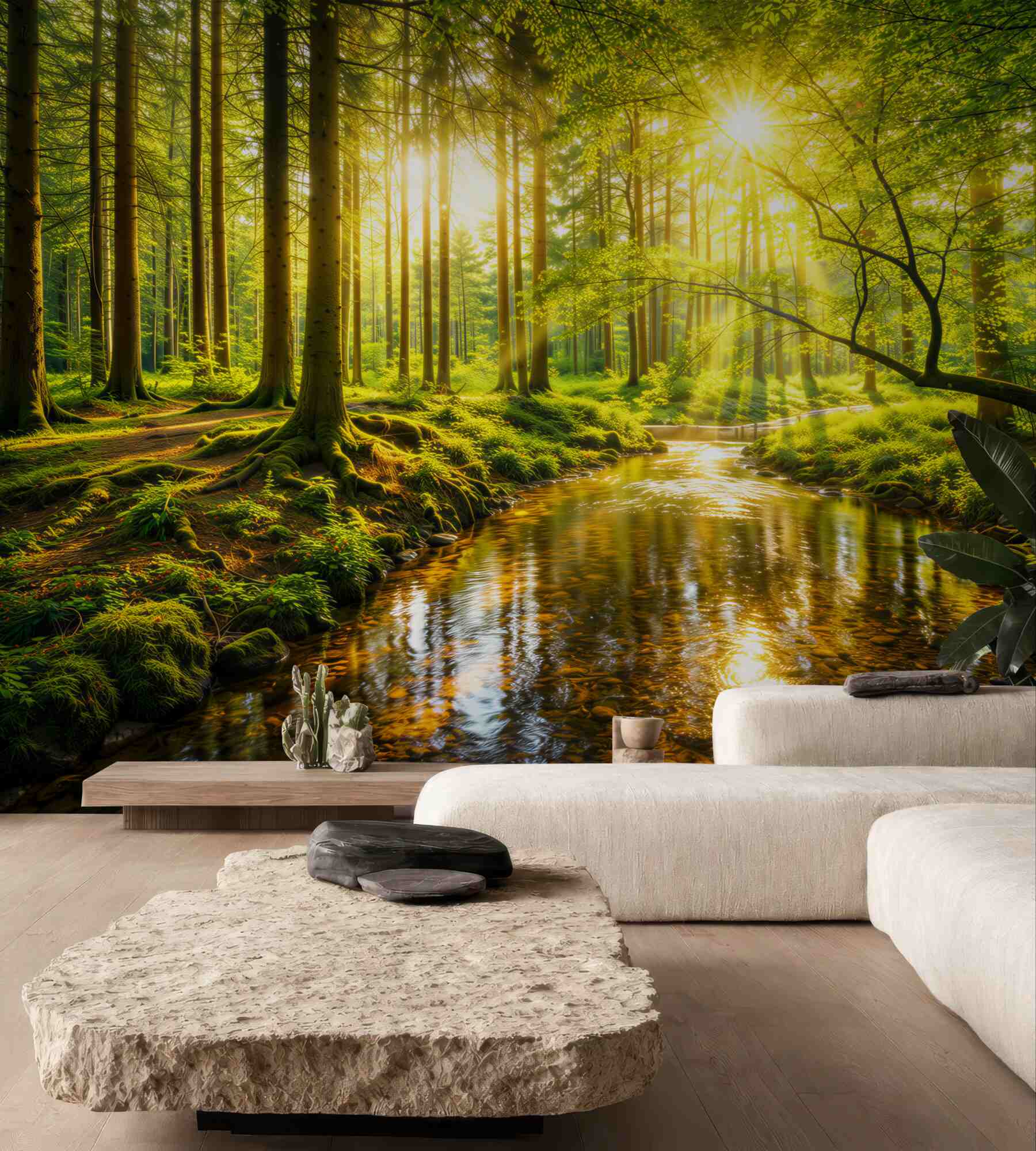 Fototapeta leśny strumień w promieniach słońca zielona naturalna