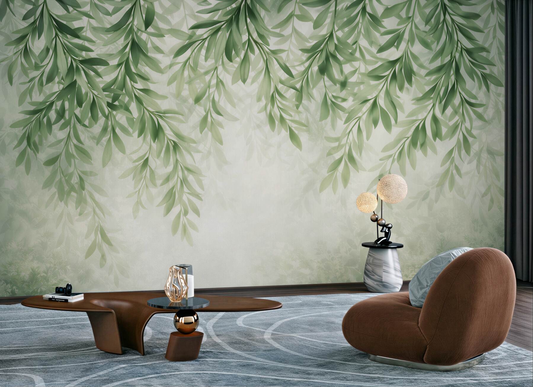 Fototapeta zwisające zielone liście w delikatnej mgle botaniczna