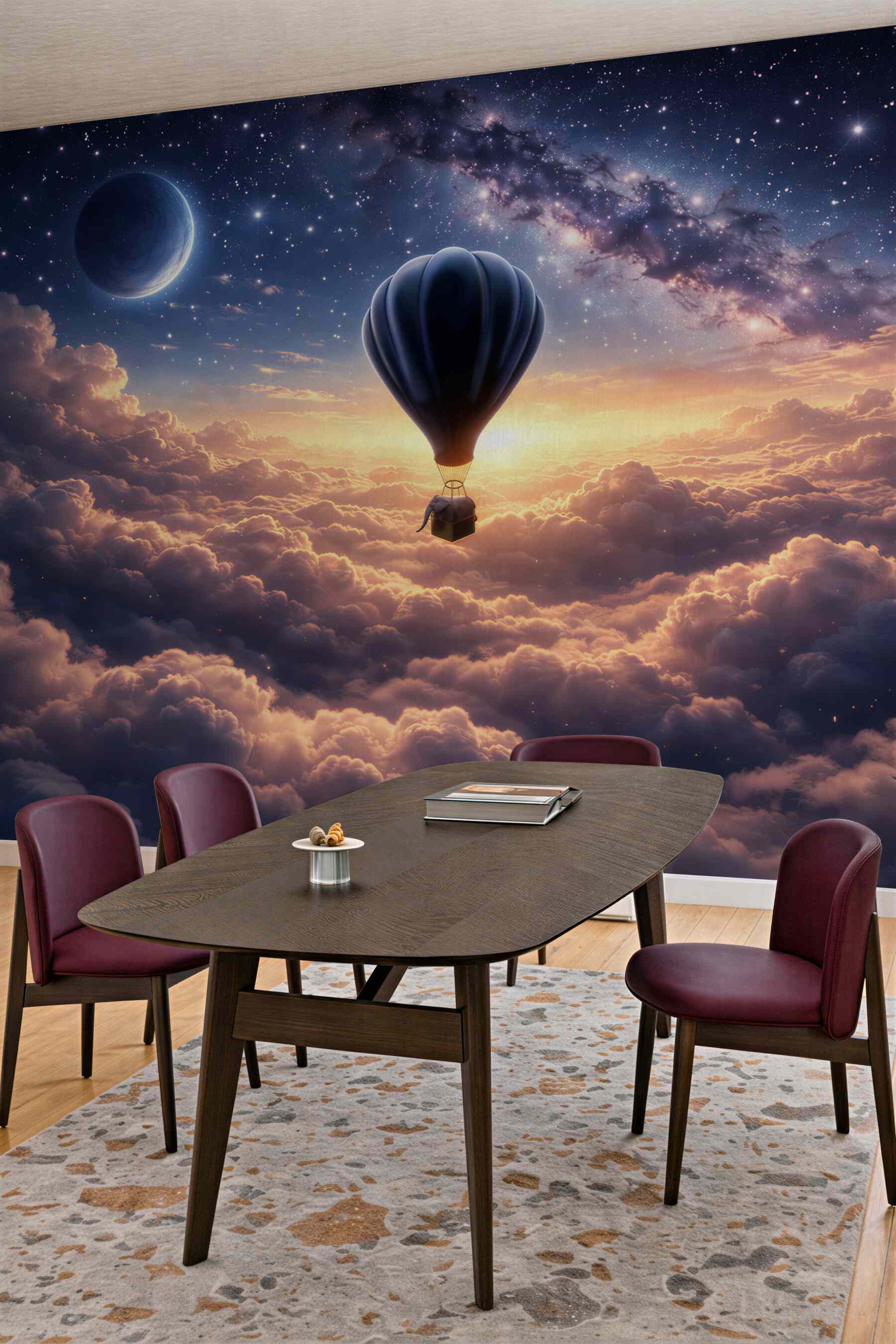 Fototapeta balon nad chmurami i gwiaździstym niebem baśniowa
