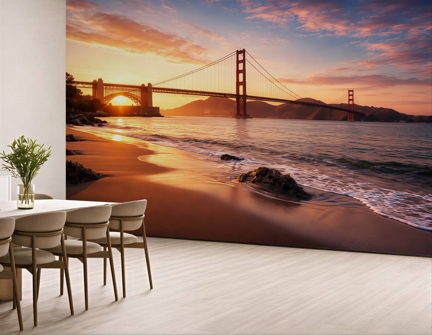 Fototapeta most nad oceanem o zachodzie słońca nad plażą