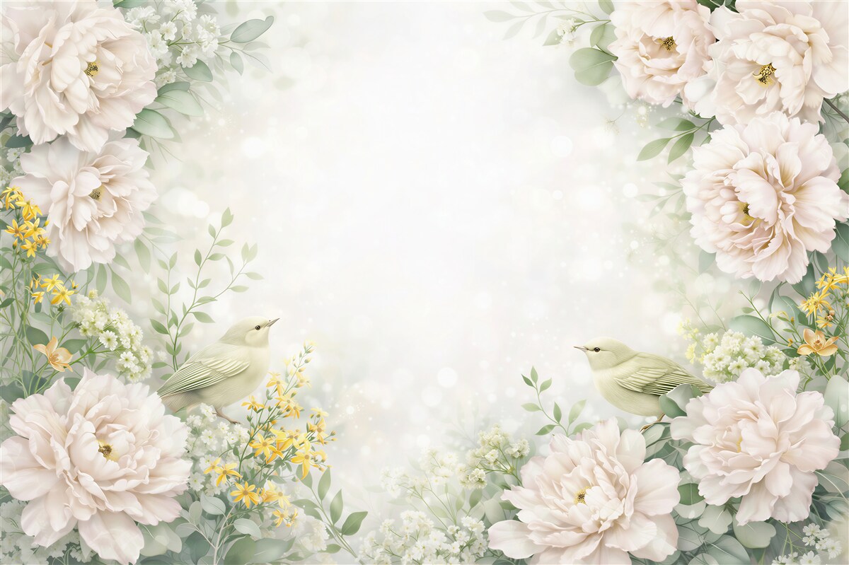 Fototapeta kwiaty piwonie z ptakami w beżowej romantycznej kompozycji