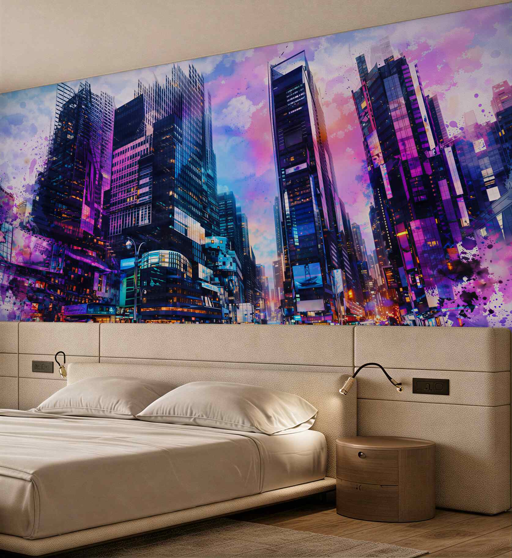 Fototapeta nowoczesne miasto nocą w neonowych kolorach urban art