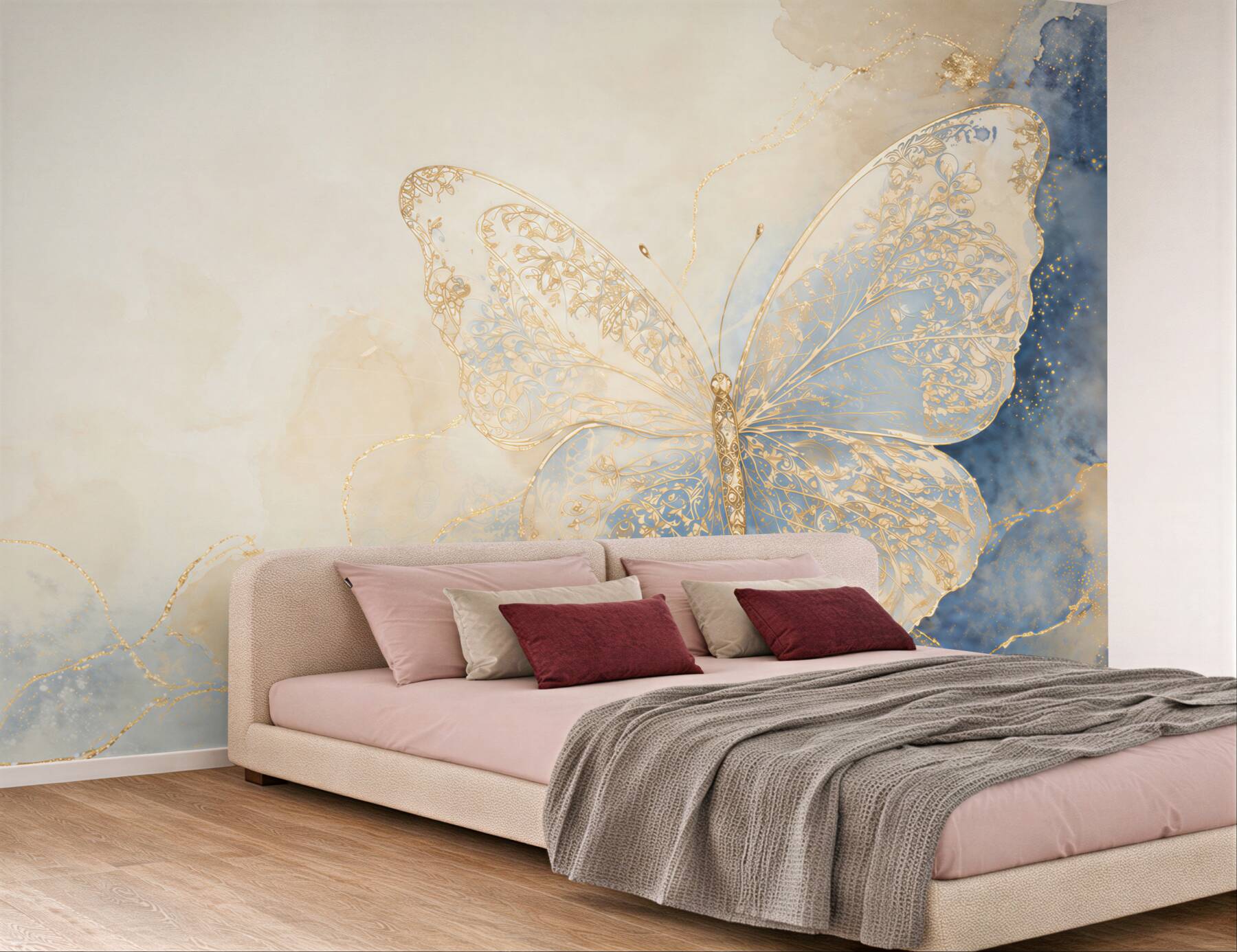 Fototapeta złoty motyl na beżowo niebieskim tle elegancka abstrakcja