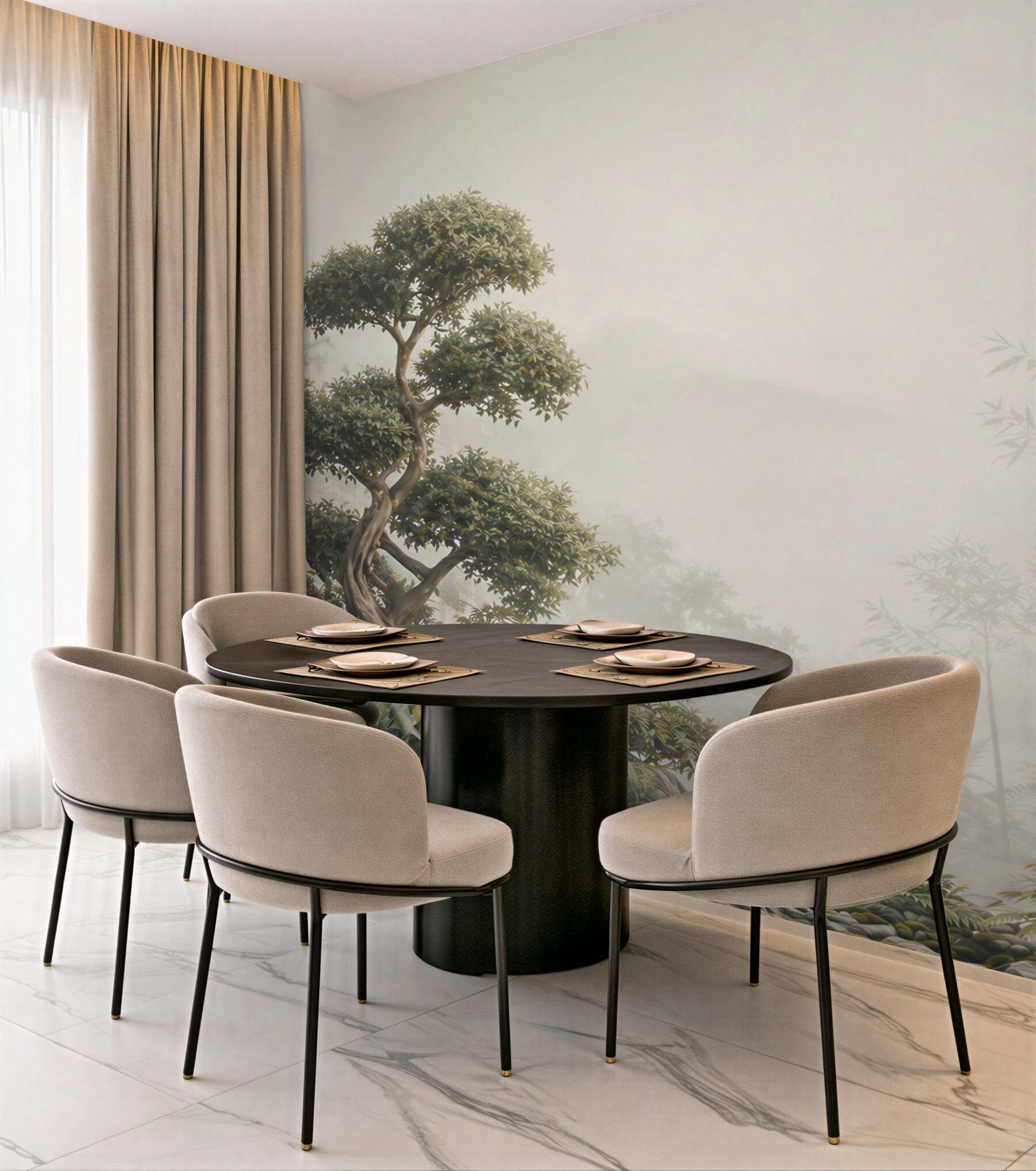 Fototapeta bonsai i bambus we mgle w stylu japońskiego ogrodu