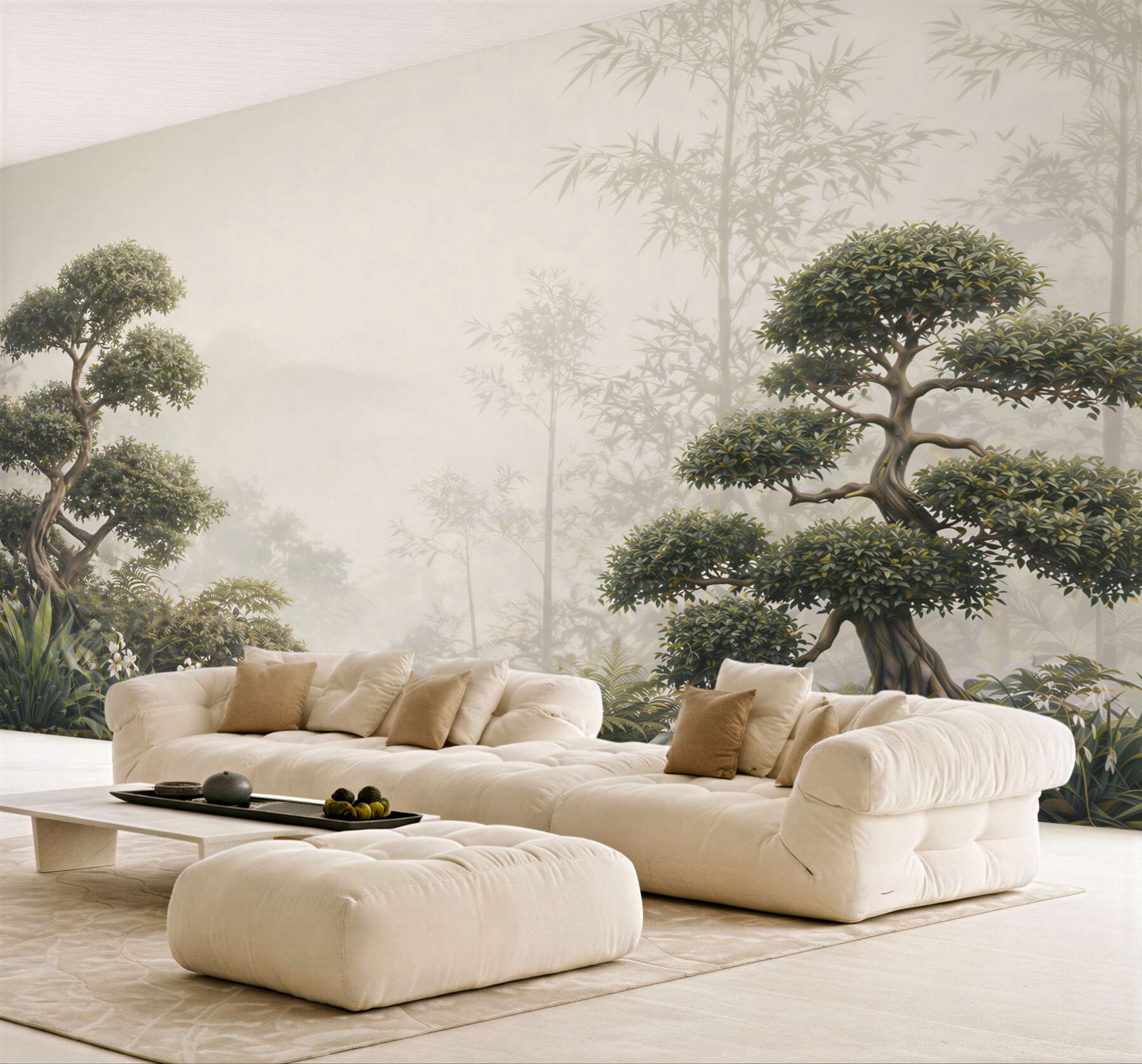 Fototapeta bonsai i bambus we mgle w stylu japońskiego ogrodu