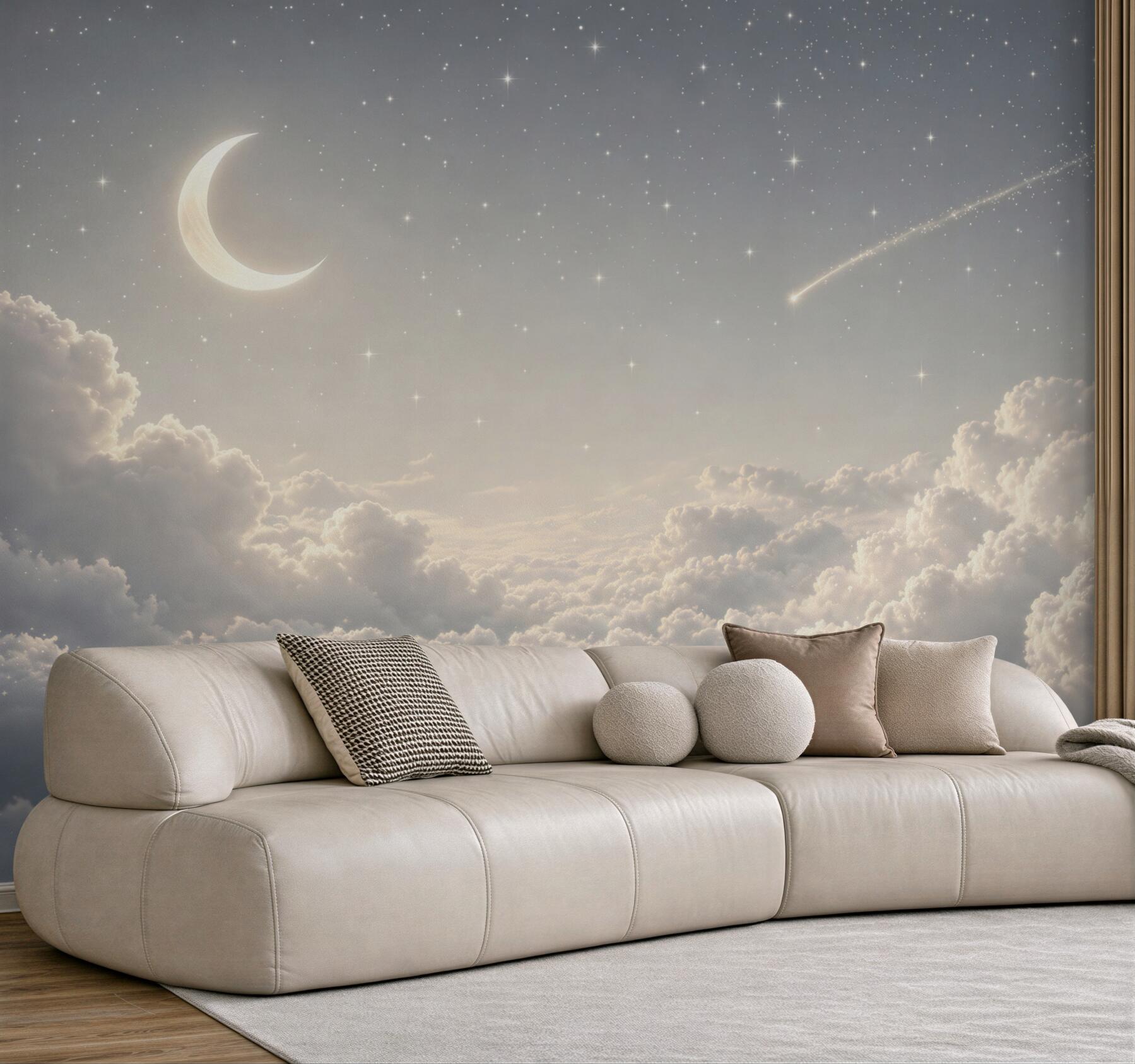 Fototapeta księżyc i spadająca gwiazda wśród chmur nocne niebo