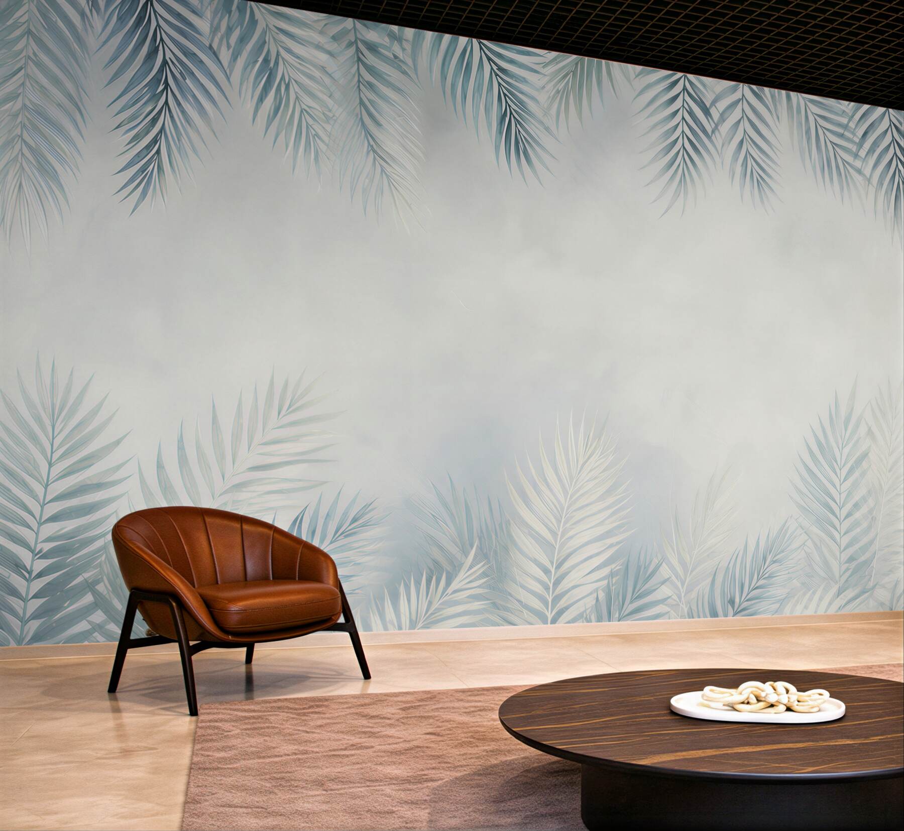 Fototapeta liście palmowe błękitne na jasnym tle w stylu tropical