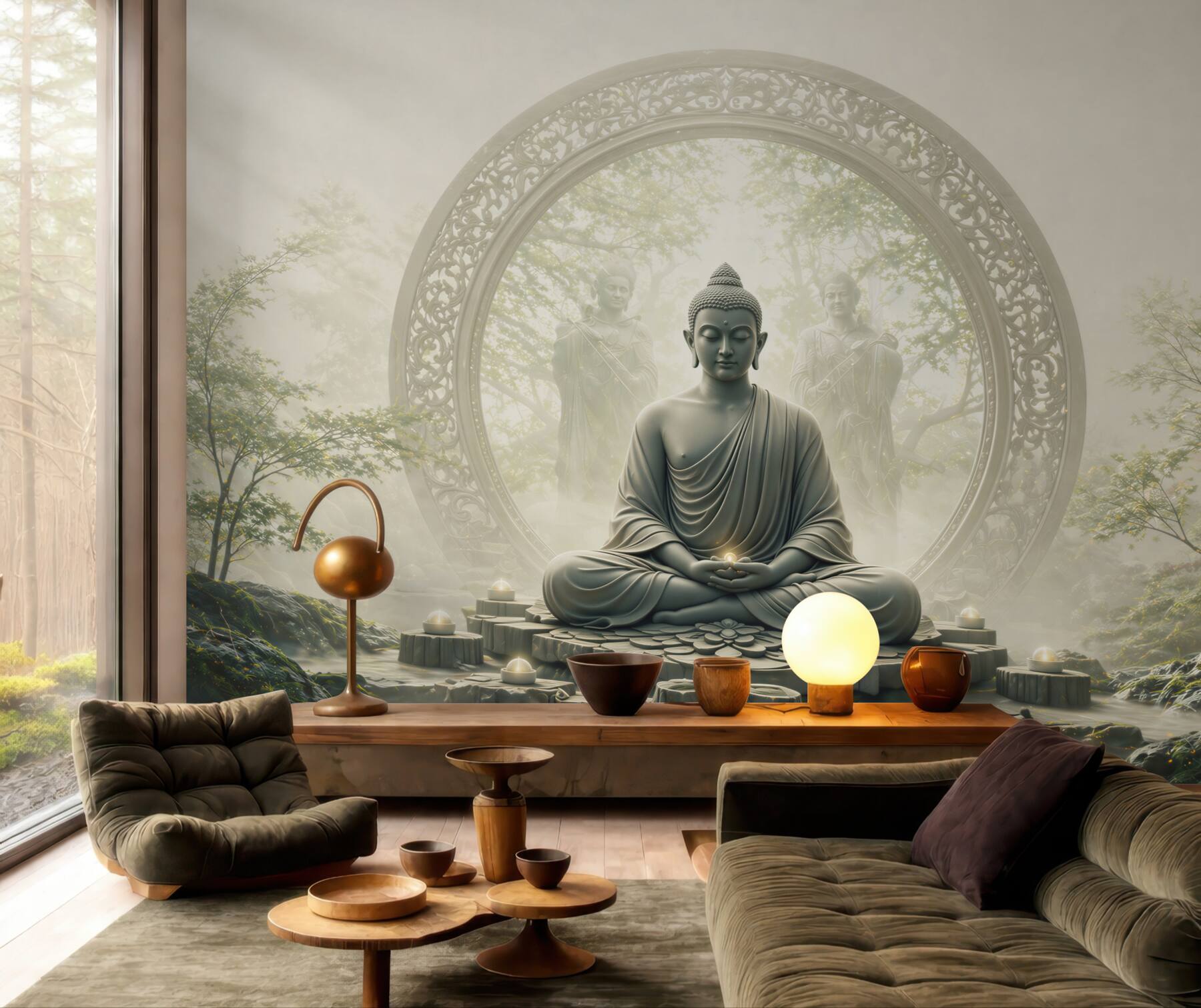 Fototapeta Budda w medytacji w mistycznym ogrodzie zen