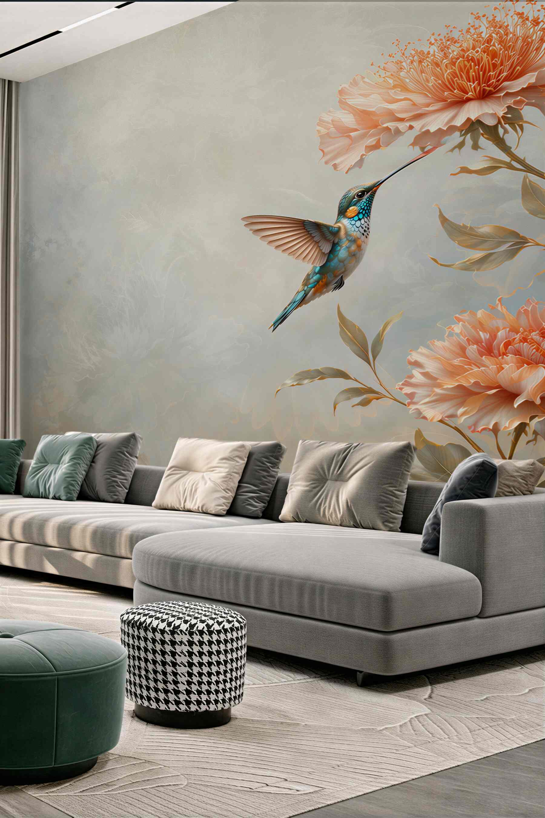 Fototapeta kolibry i kwiaty piwonii pastelowe romantyczne