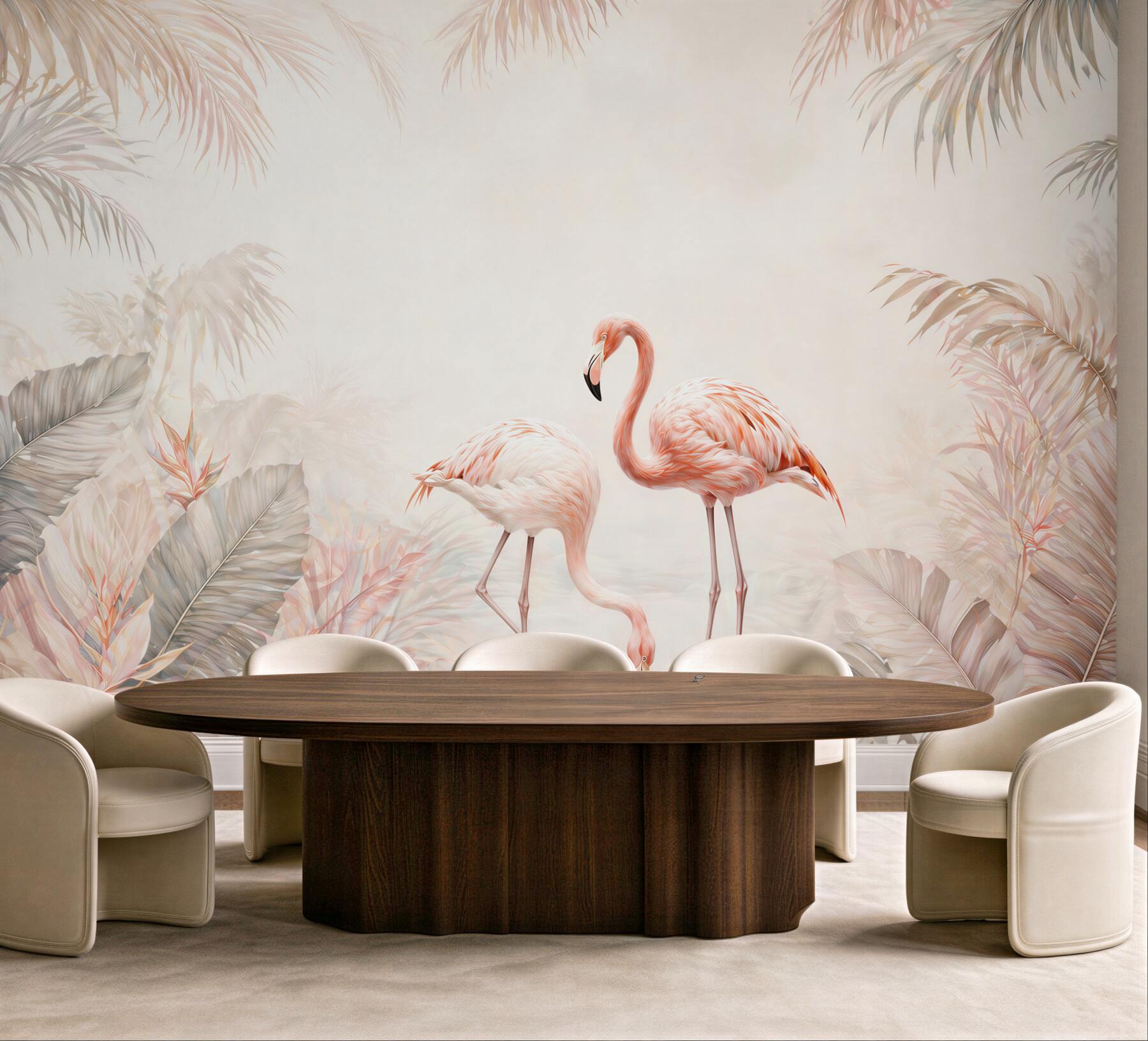 Fototapeta różowe flamingi w pastelowej dżungli subtelna i elegancka