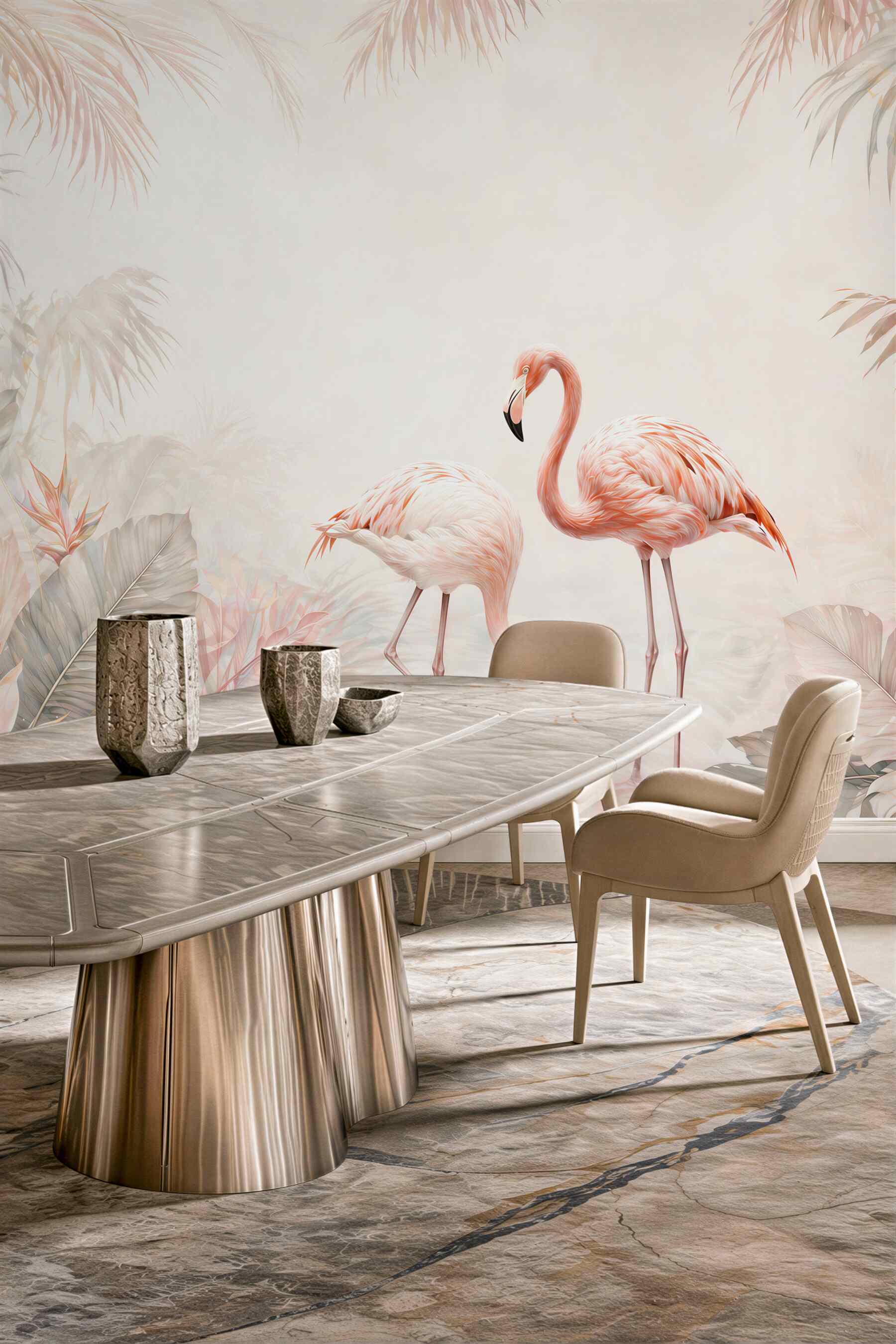 Fototapeta różowe flamingi w pastelowej dżungli subtelna i elegancka