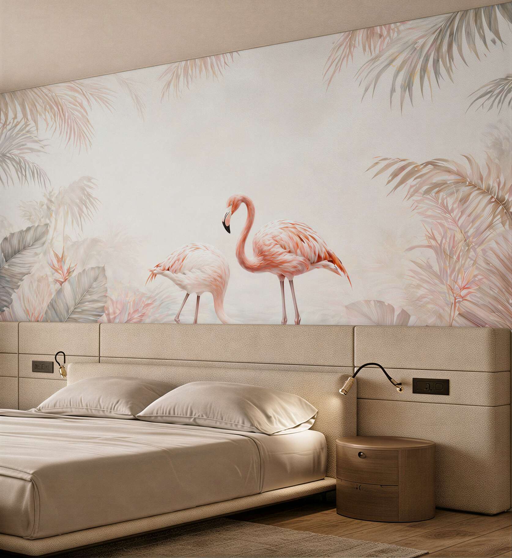 Fototapeta różowe flamingi w pastelowej dżungli subtelna i elegancka
