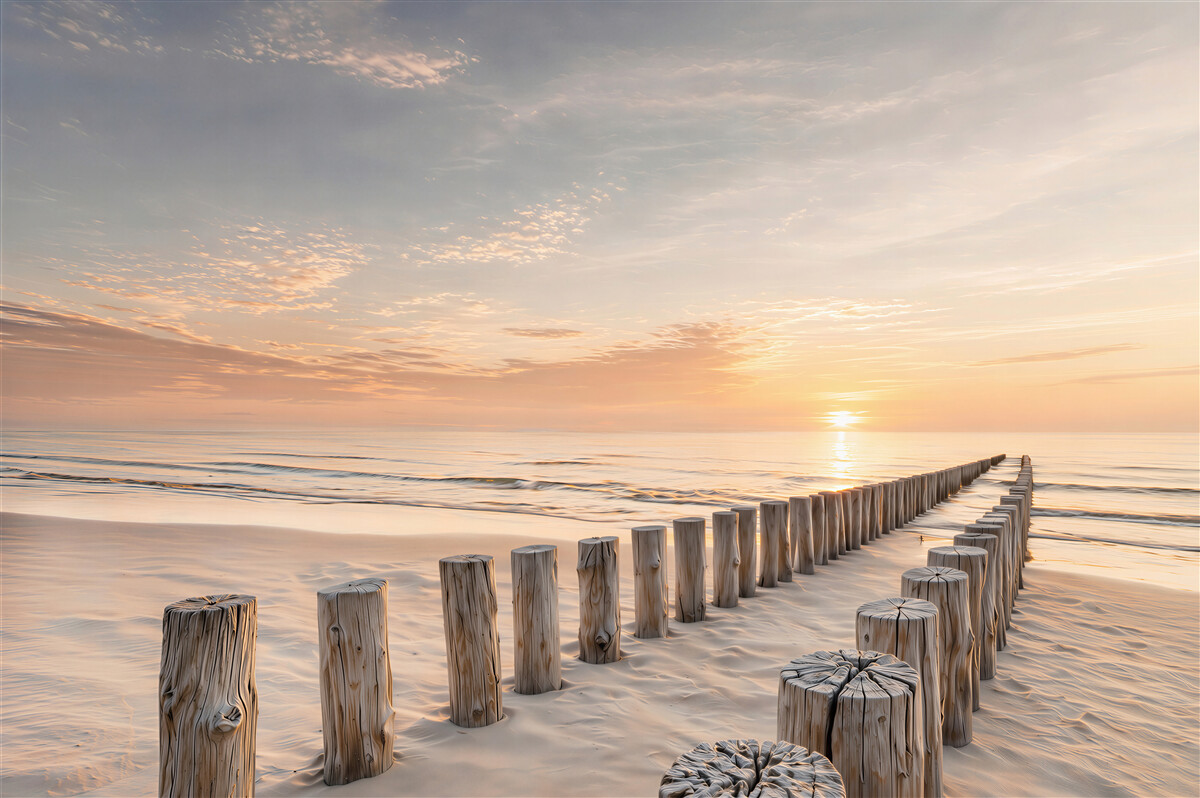 Fototapeta spokojna plaża o wschodzie słońca z drewnianymi palami