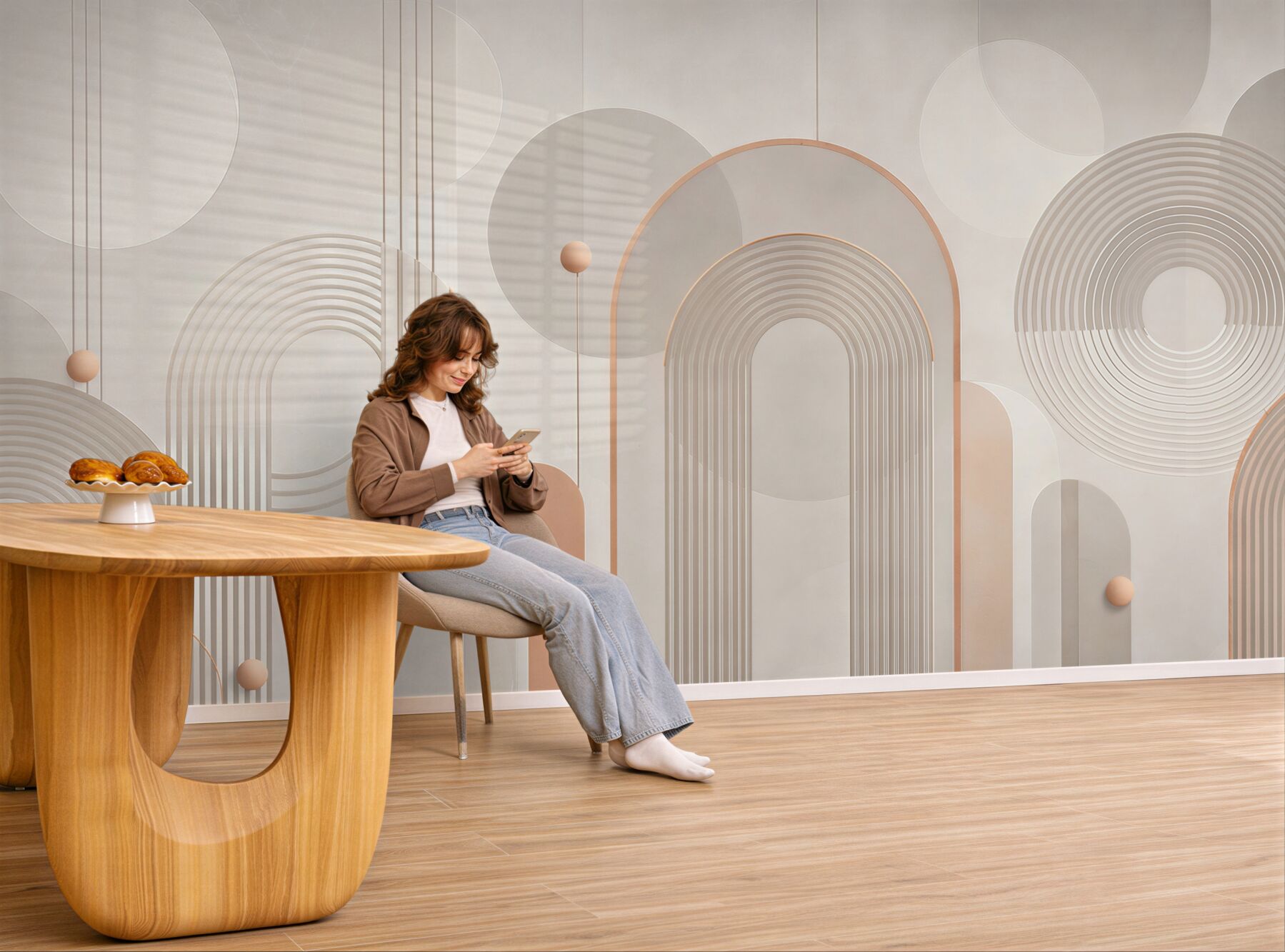 Fototapeta geometryczne łuki i koła beżowe nowoczesne 3D