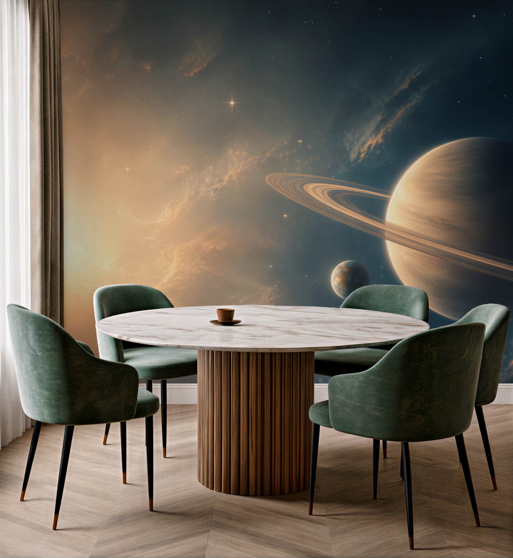 Fototapeta planeta z pierścieniami w kosmosie nowoczesna i nastrojowa