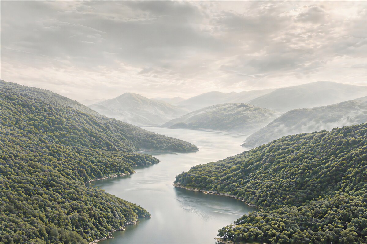 Fototapeta górskie jezioro we mgle panoramiczna spokojna natura