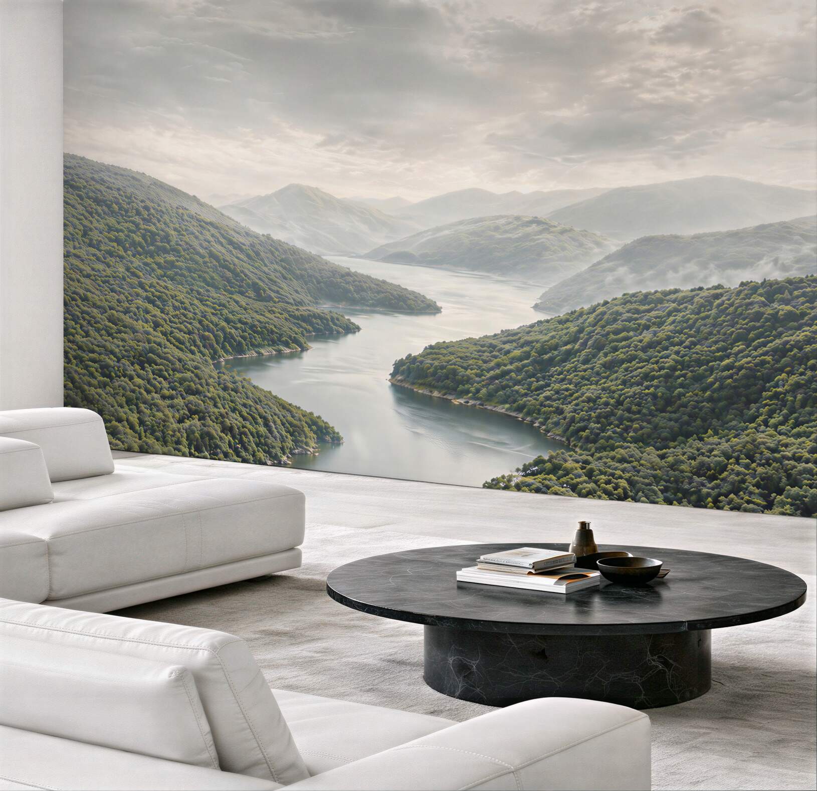 Fototapeta górskie jezioro we mgle panoramiczna spokojna natura