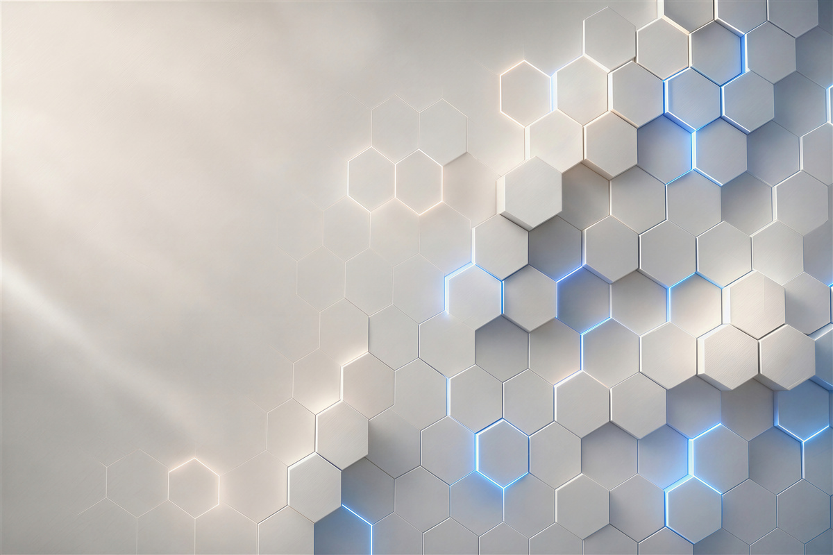 Fototapeta geometryczne heksagony 3D białe z niebieskim światłem nowoczesne