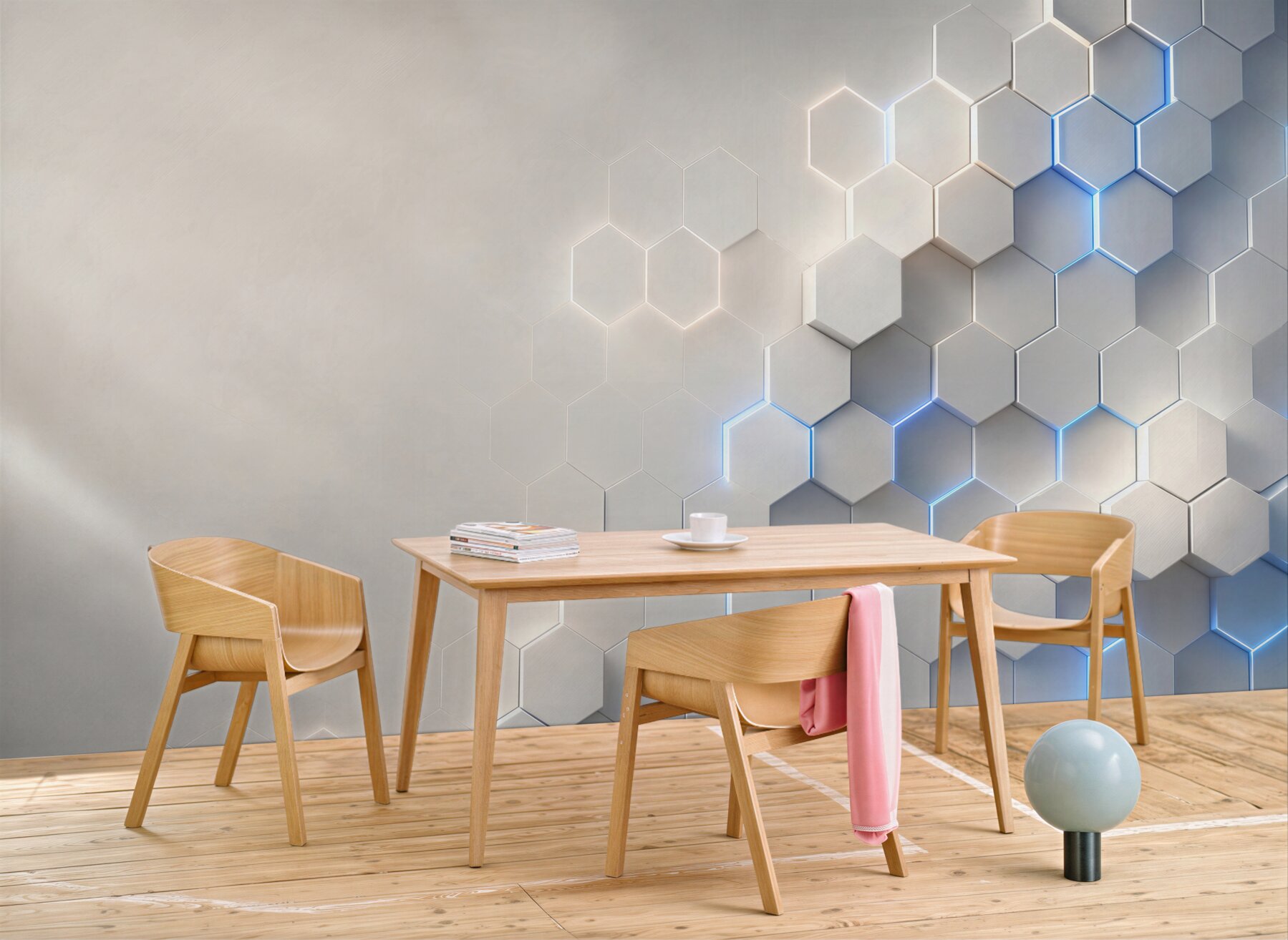 Fototapeta geometryczne heksagony 3D białe z niebieskim światłem nowoczesne