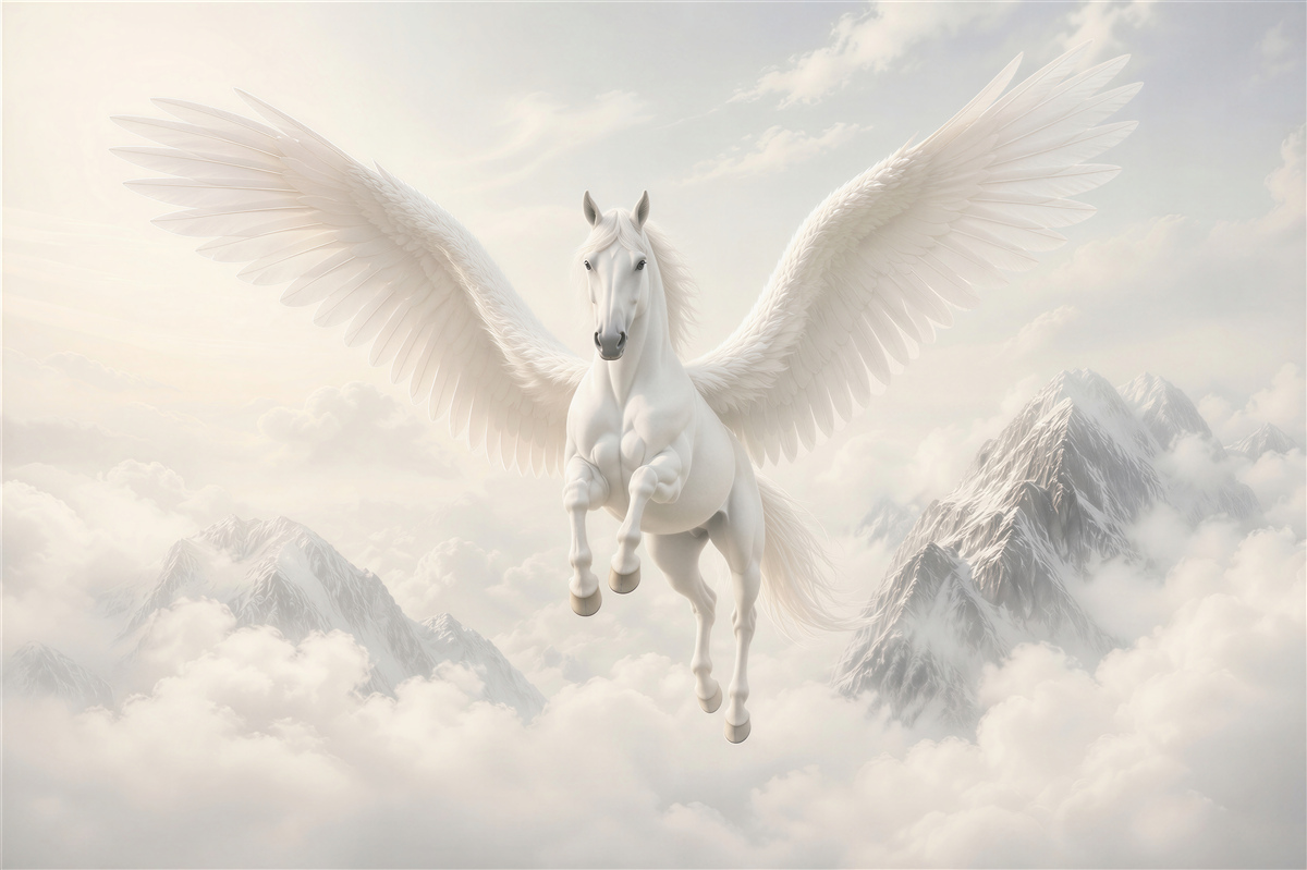 Fototapeta biały pegaz w chmurach nad górami fantasy