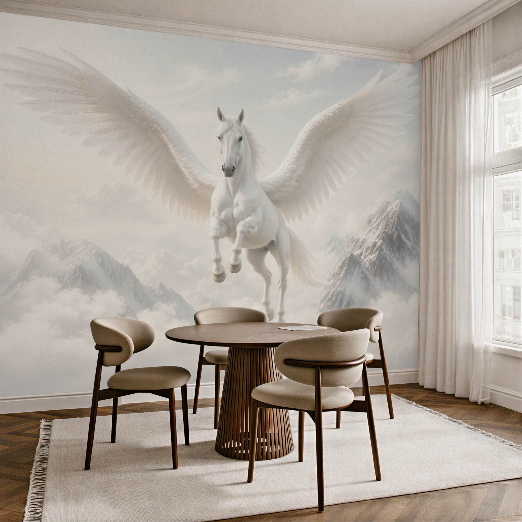 Fototapeta biały pegaz w chmurach nad górami fantasy