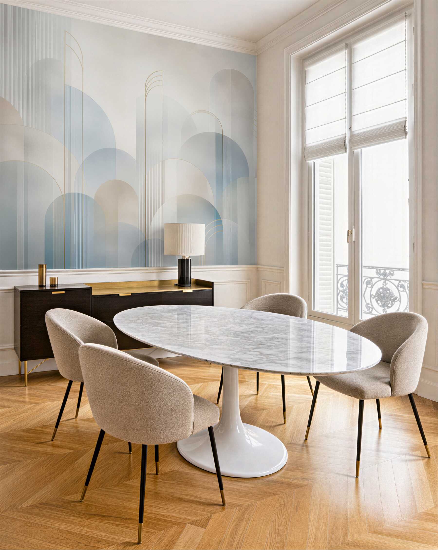 Fototapeta geometryczne łuki błękitno beżowe w stylu art déco