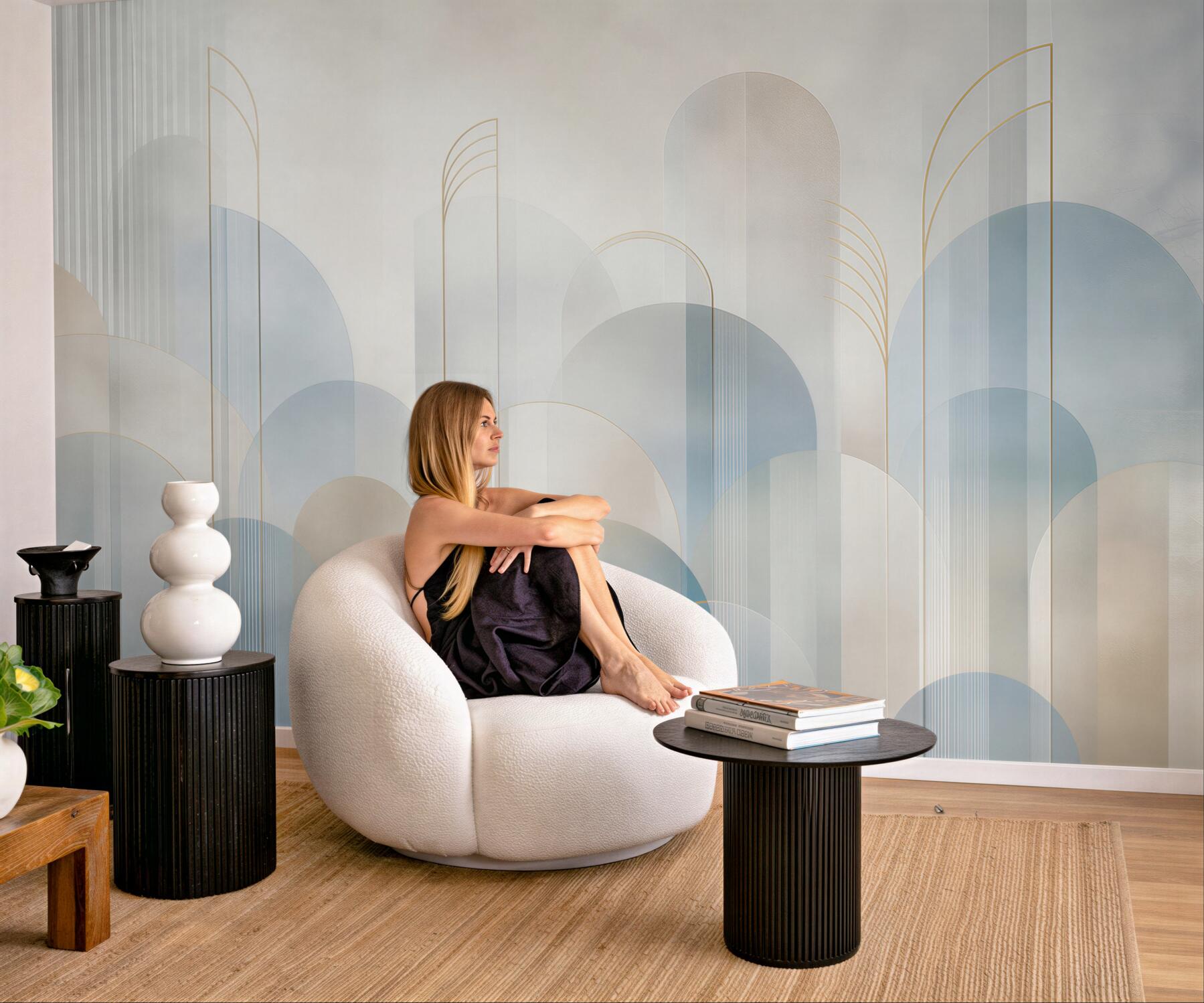 Fototapeta geometryczne łuki błękitno beżowe w stylu art déco
