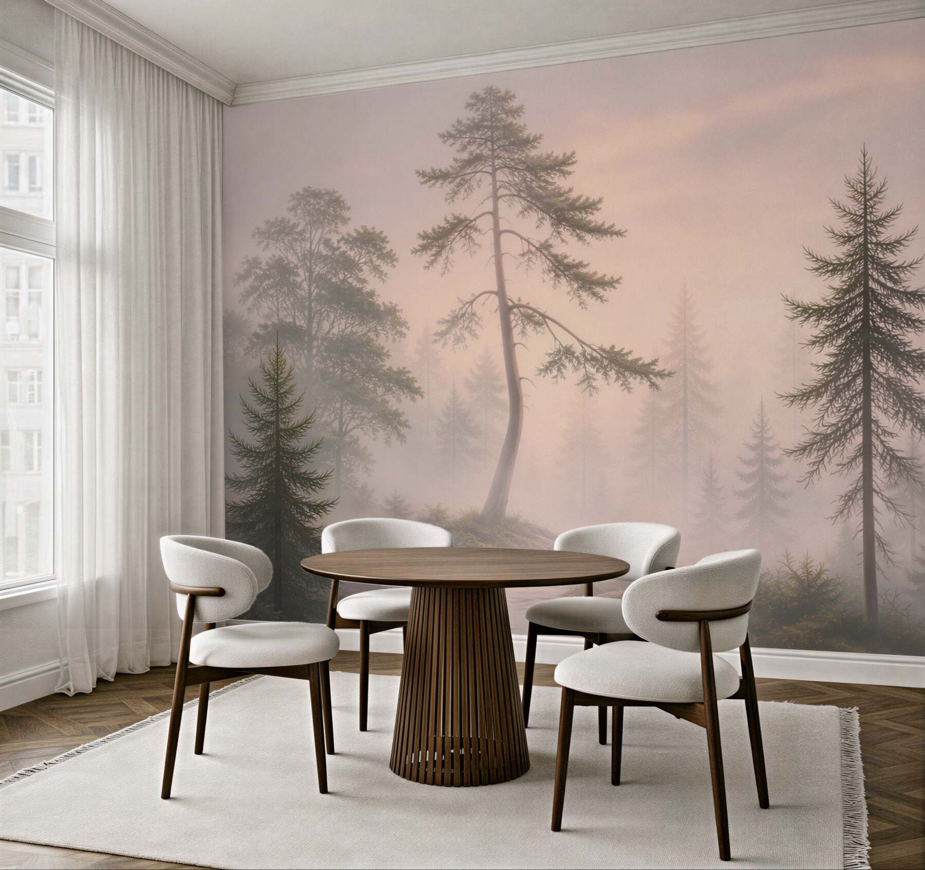 Fototapeta sosnowy las we mgle o świcie pastelowy krajobraz