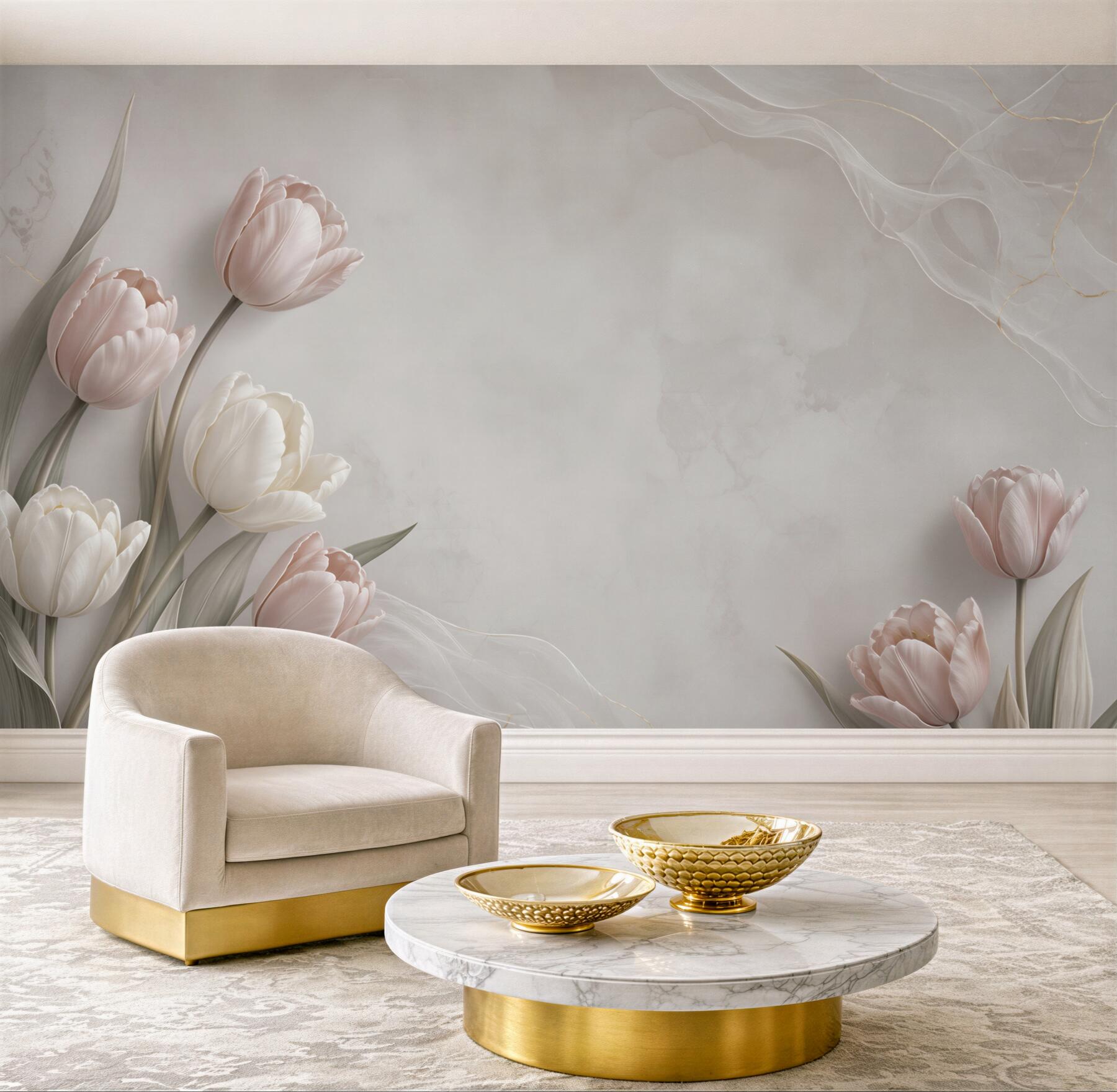 Fototapeta tulipany pudrowy róż i biel na beżowym tle elegancka