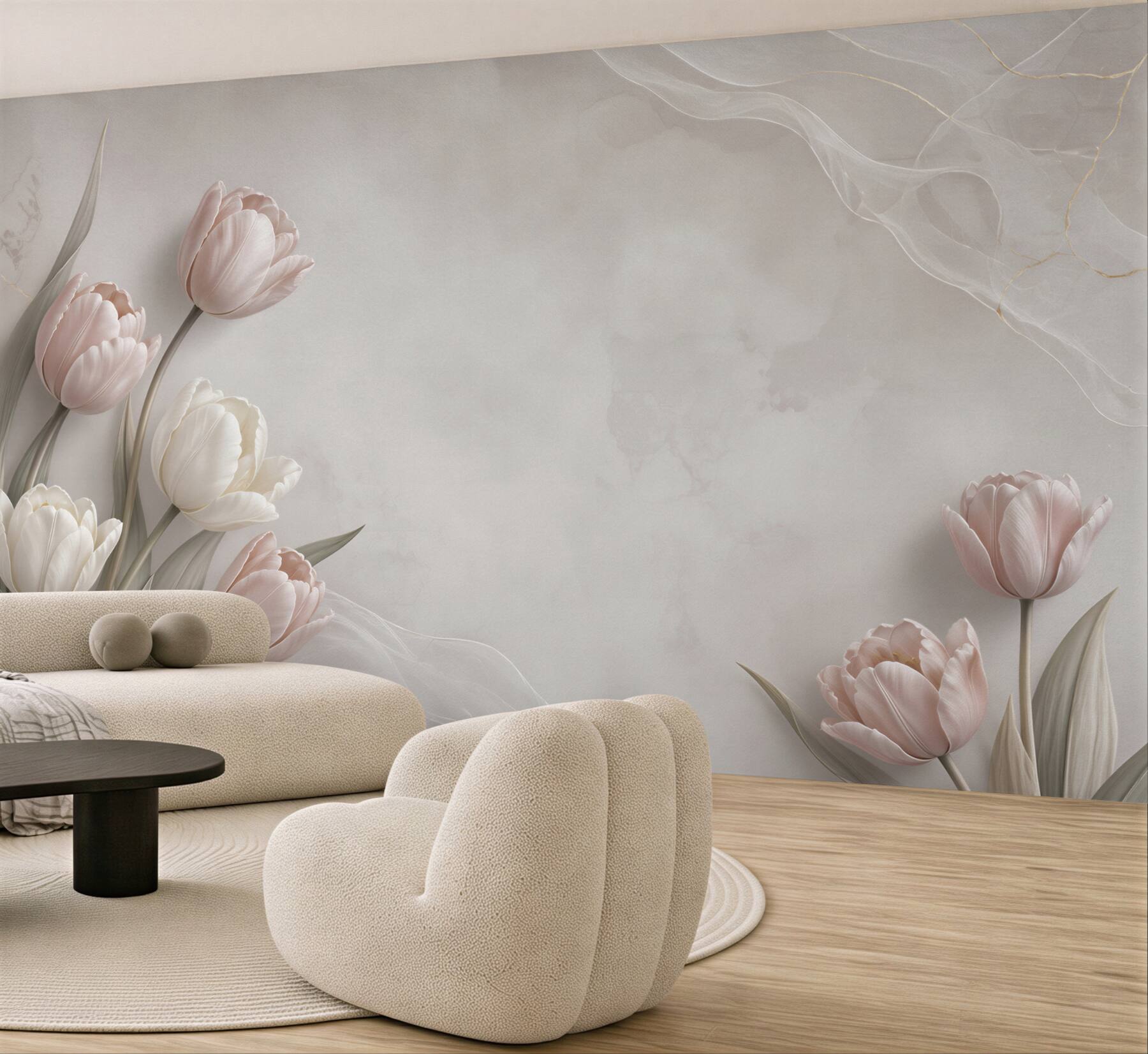 Fototapeta tulipany pudrowy róż i biel na beżowym tle elegancka