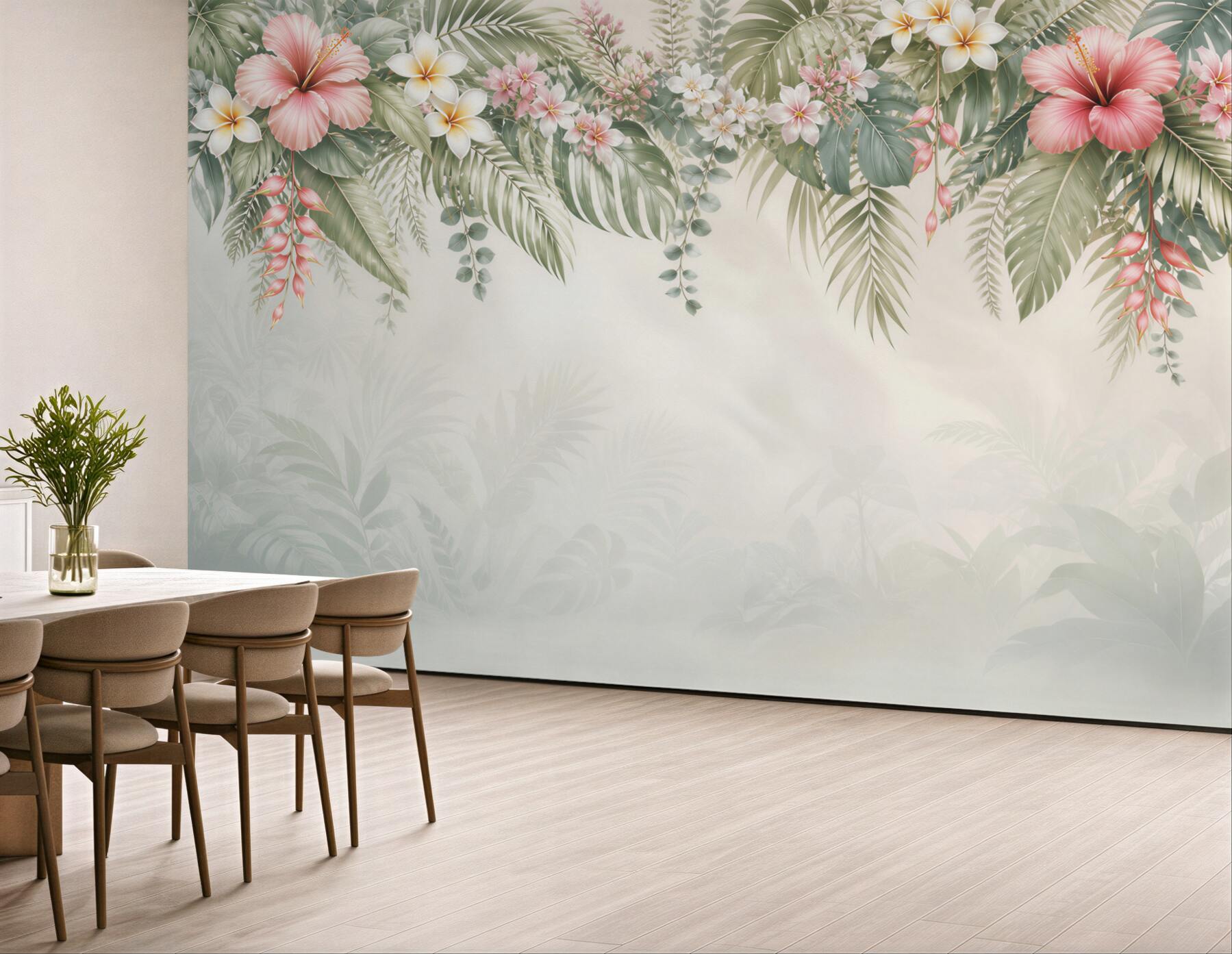 Fototapeta kwiaty hibiskusa i liście tropikalne pastelowa dżungla