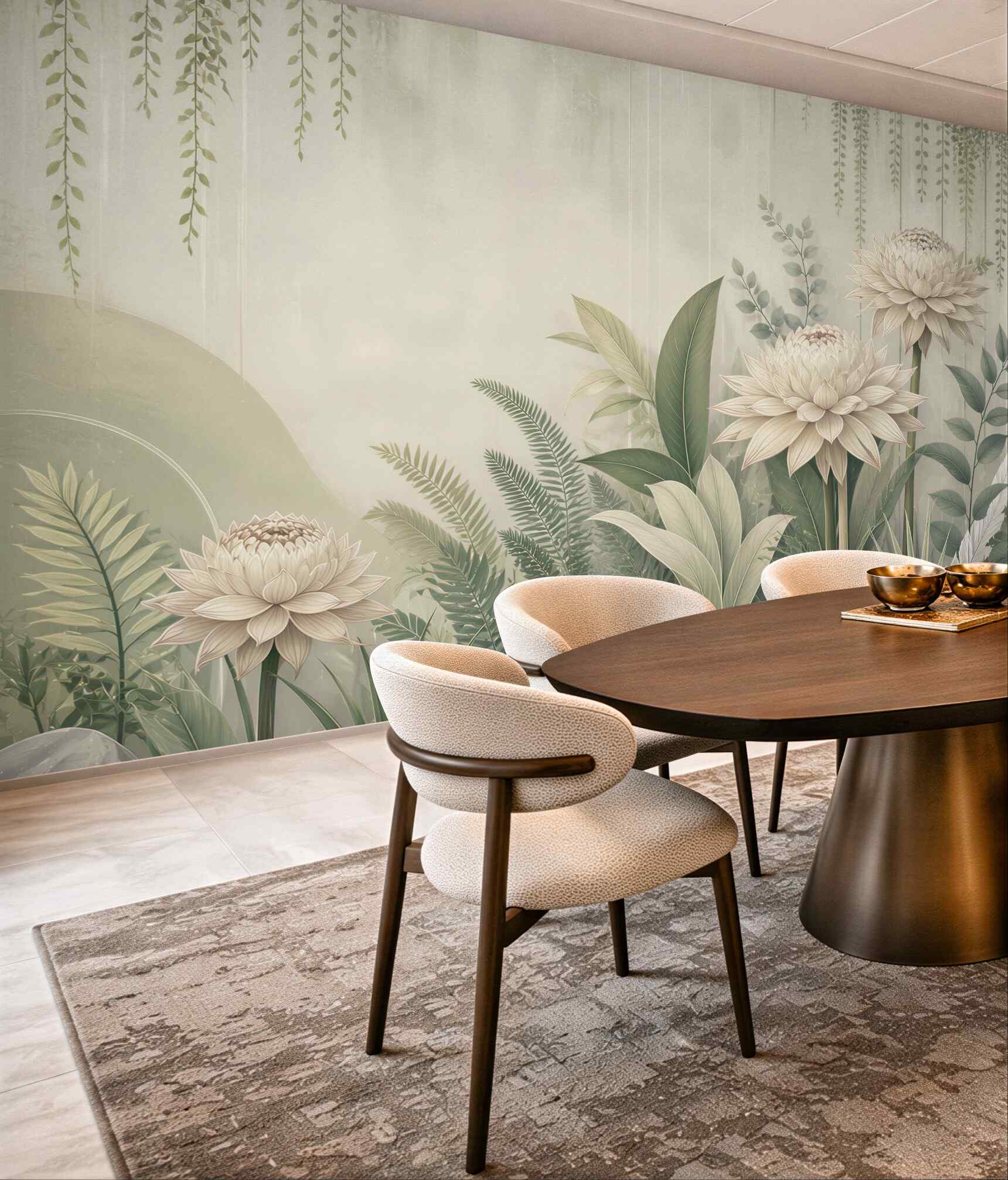 Fototapeta kremowe kwiaty i zielone liście w botanicznym stylu