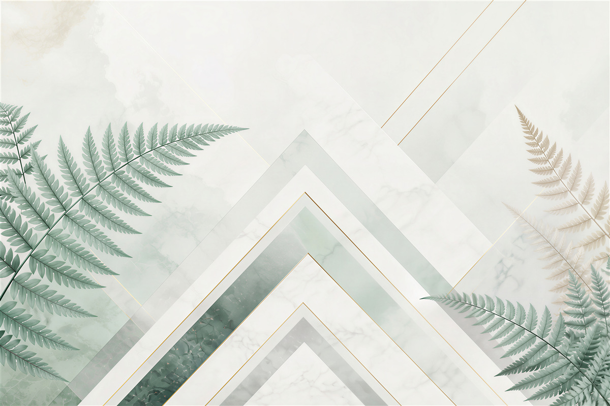 Fototapeta liście paproci geometryczna marmurowa w beżowo miętowych odcieniach
