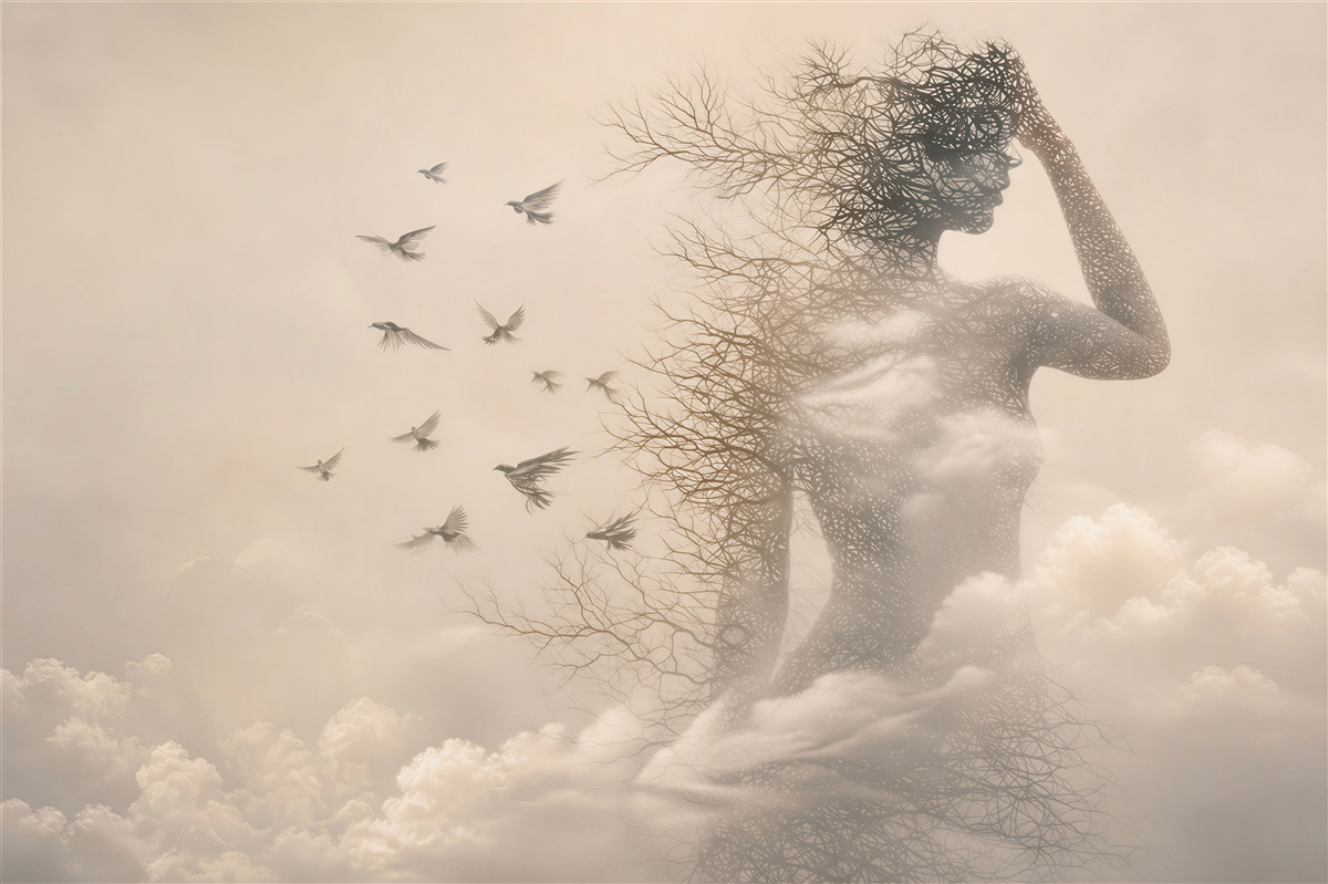 Fototapeta kobieca sylwetka z gałęzi i ptaków w chmurach surrealistyczna beżowa