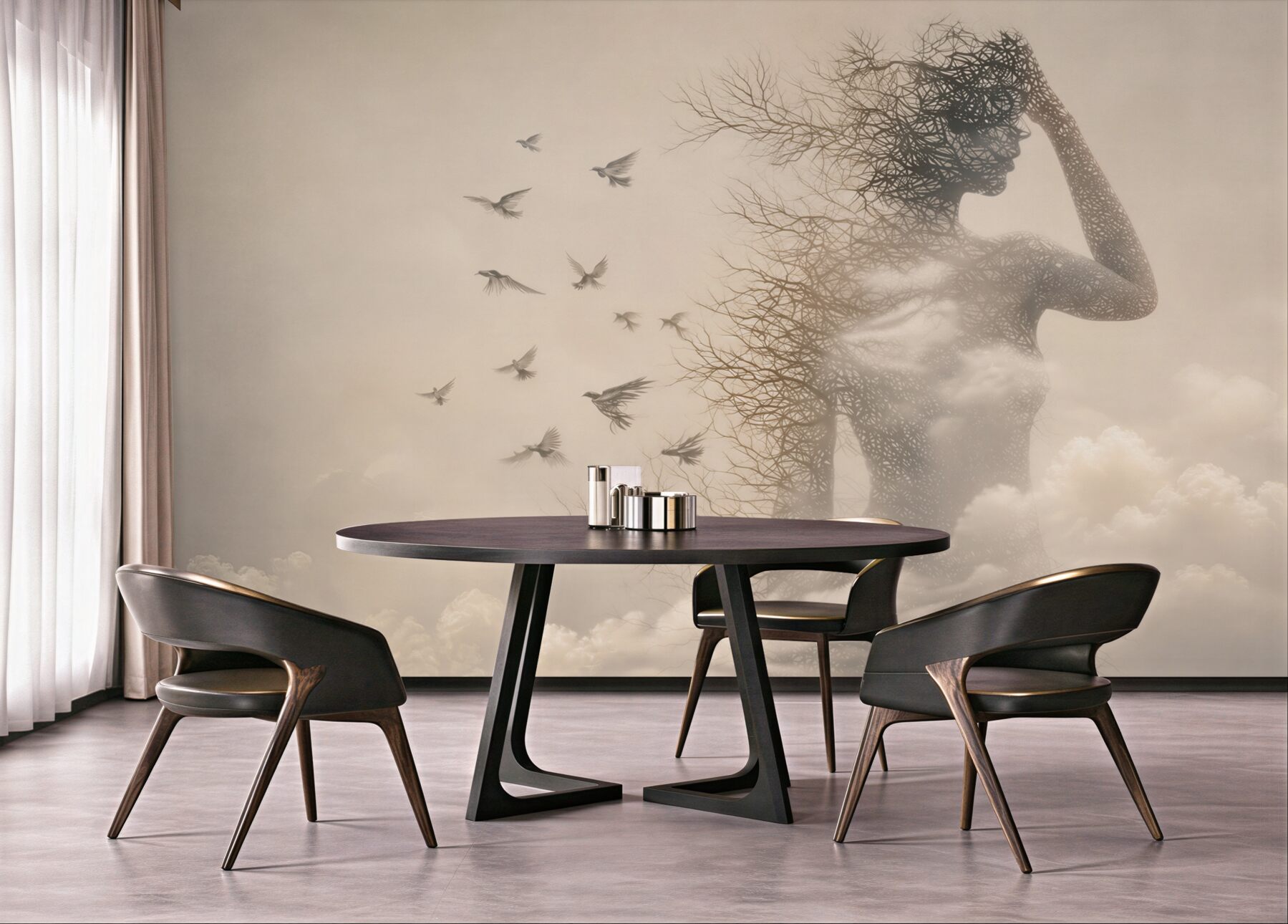 Fototapeta kobieca sylwetka z gałęzi i ptaków w chmurach surrealistyczna beżowa