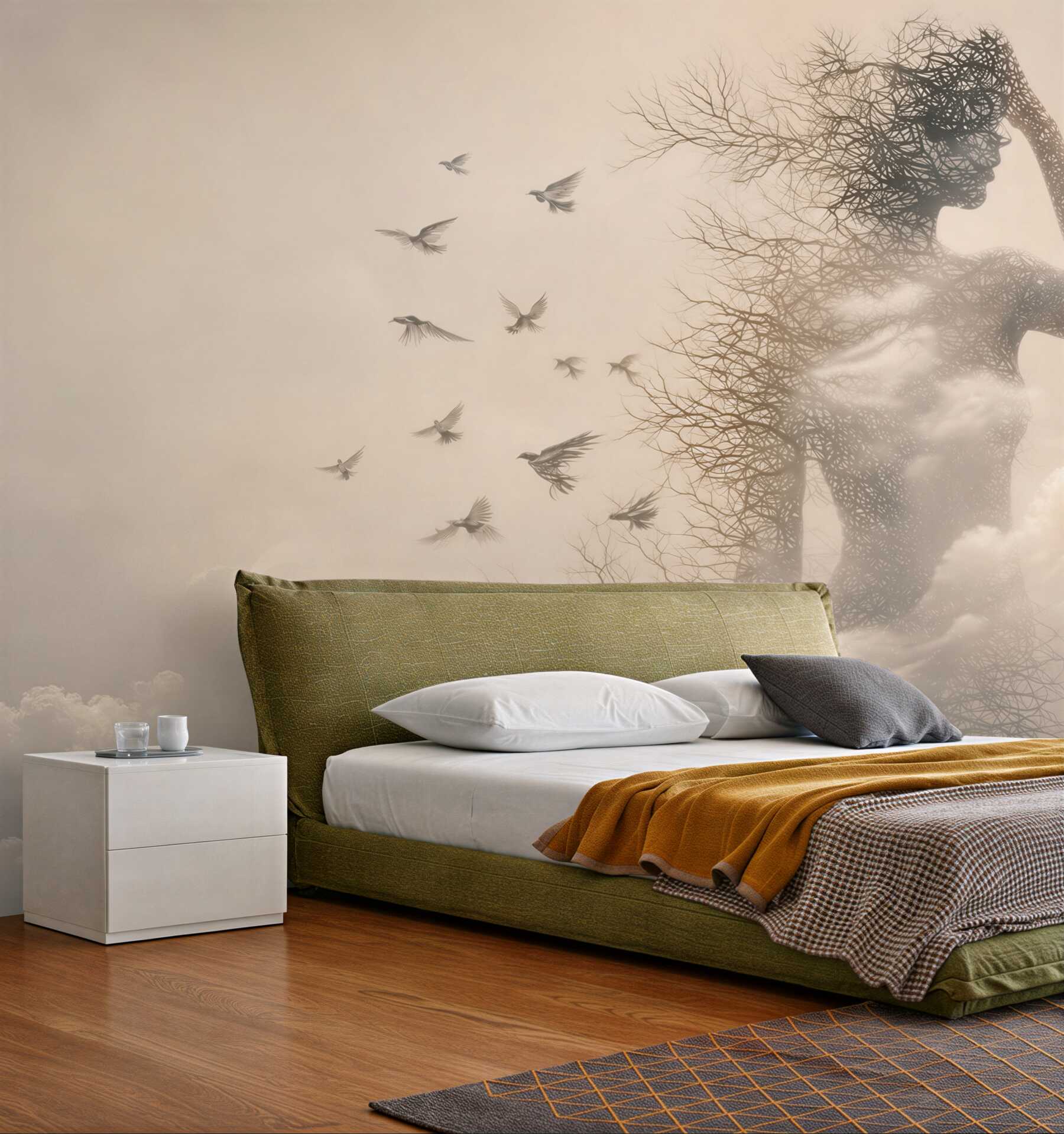 Fototapeta kobieca sylwetka z gałęzi i ptaków w chmurach surrealistyczna beżowa
