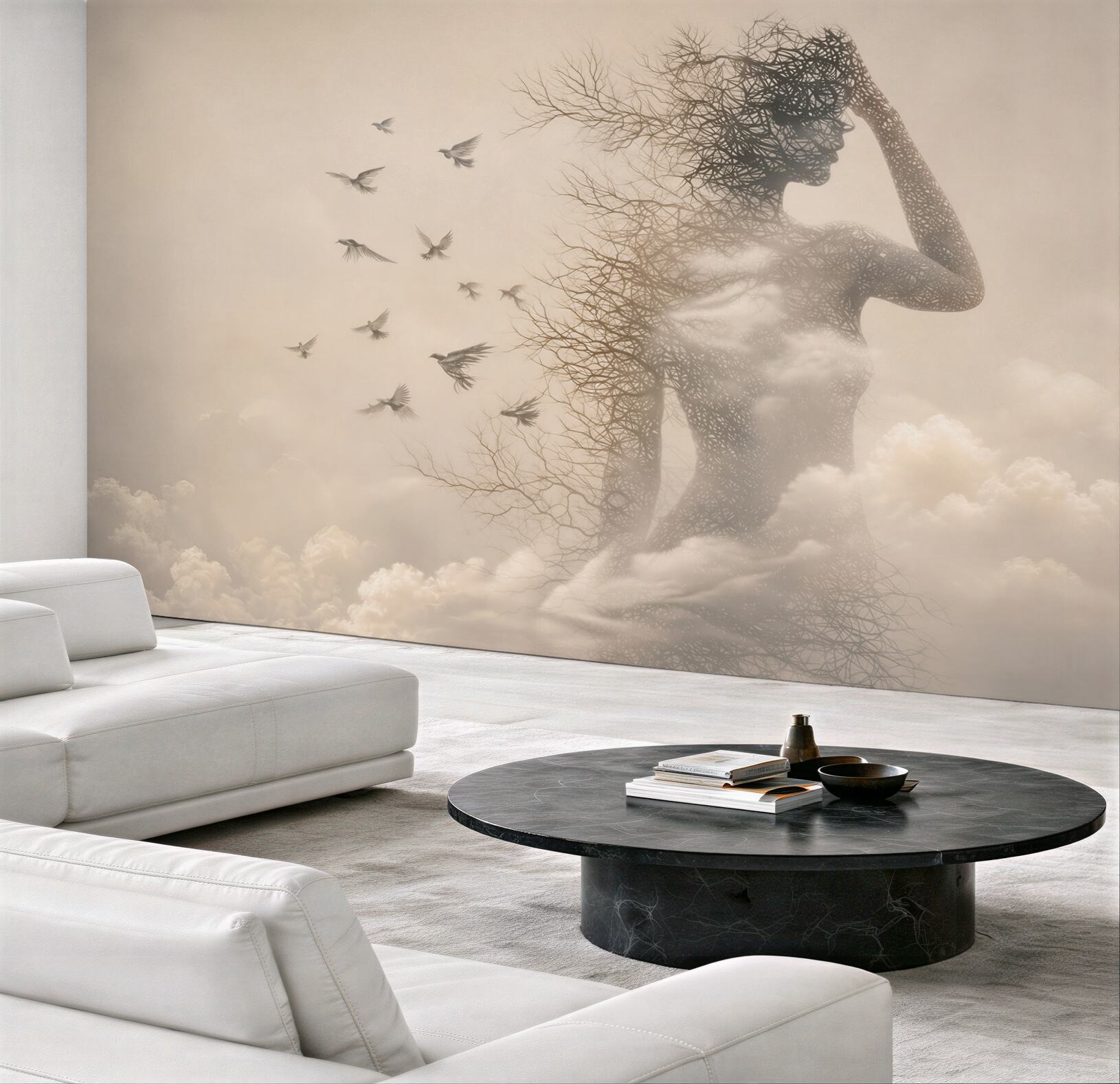 Fototapeta kobieca sylwetka z gałęzi i ptaków w chmurach surrealistyczna beżowa