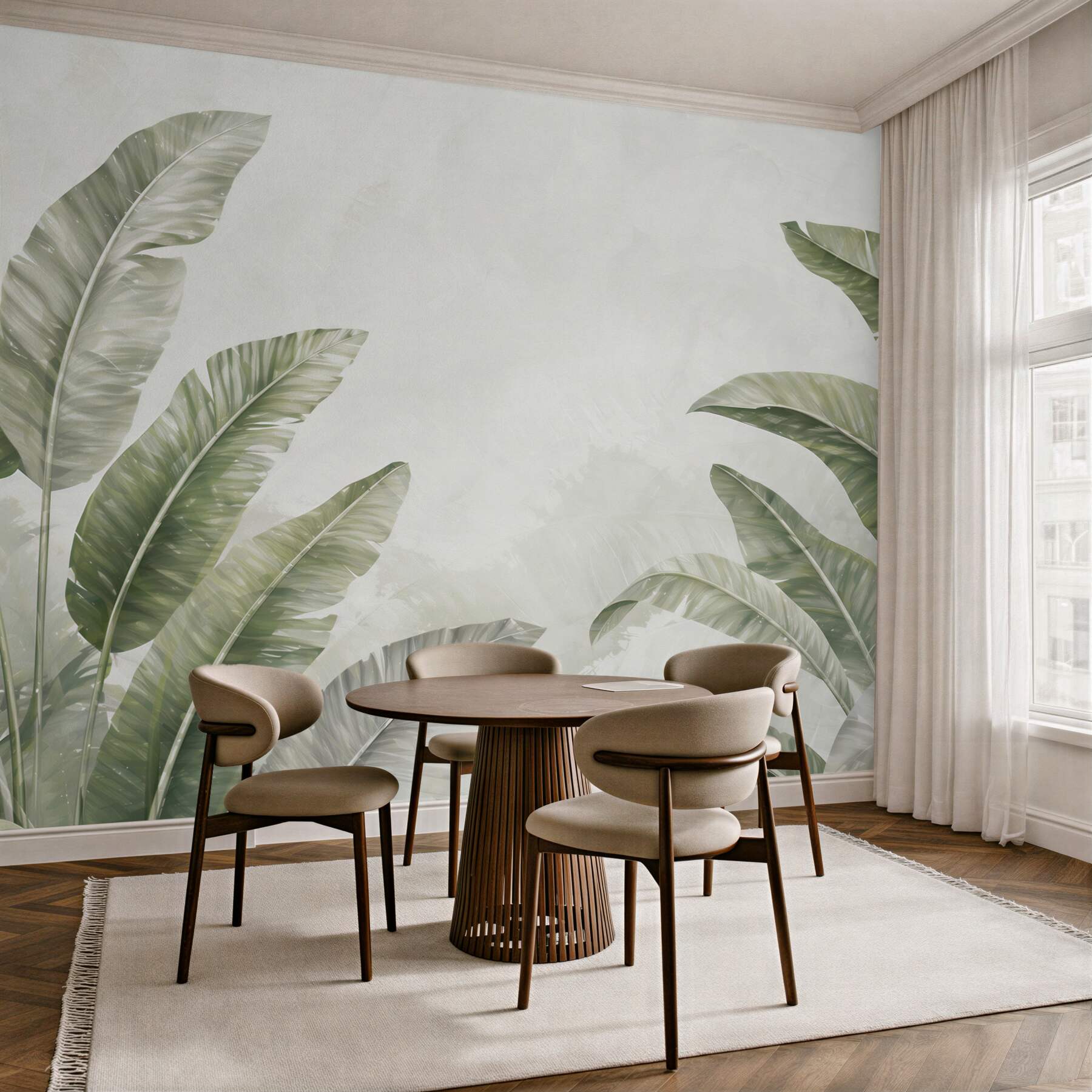 Fototapeta liście bananowca zielone na jasnym tle w stylu tropical soft