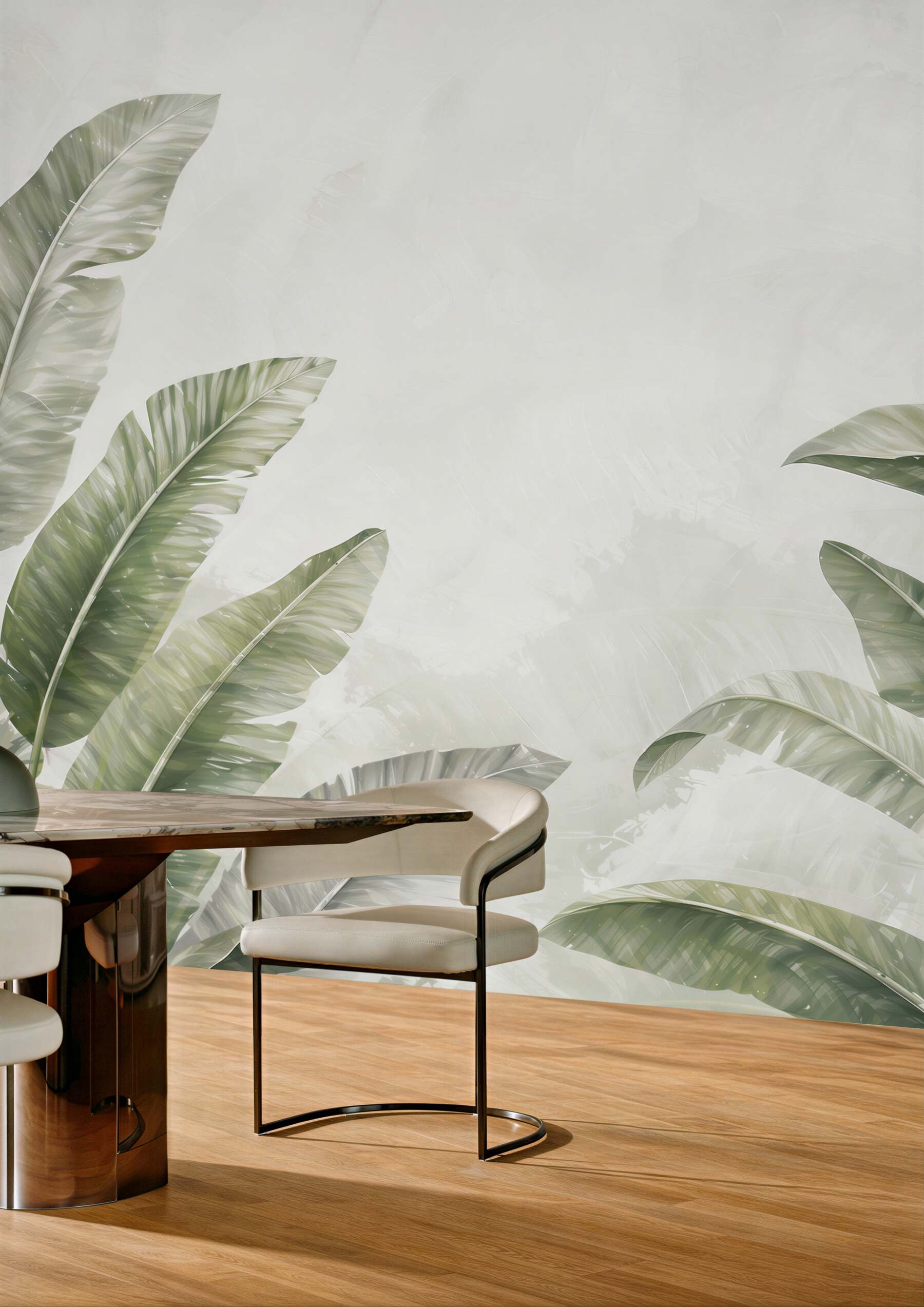 Fototapeta liście bananowca zielone na jasnym tle w stylu tropical soft