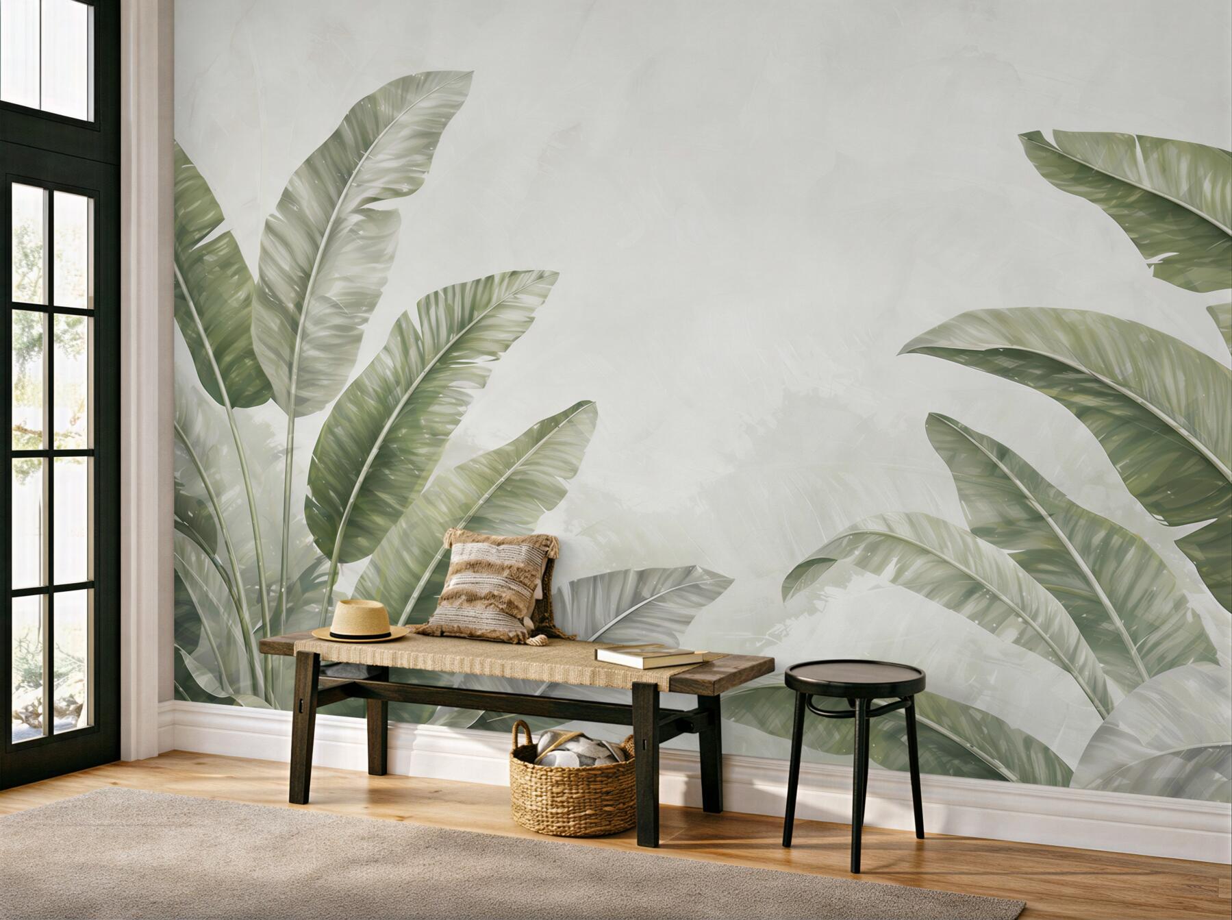 Fototapeta liście bananowca zielone na jasnym tle w stylu tropical soft