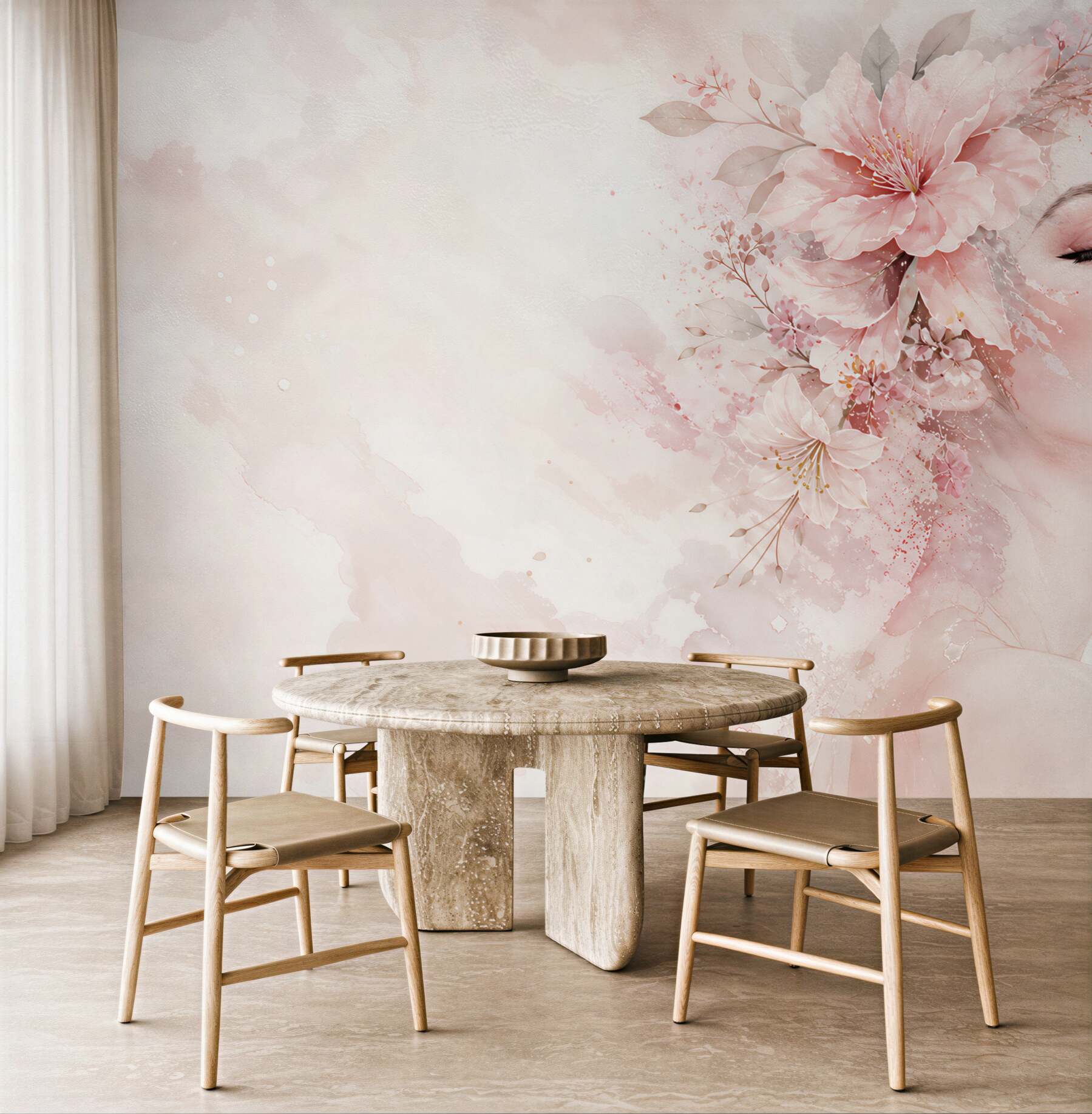 Fototapeta kobieta z kwiatami pastelowa różowa elegancja do sypialni