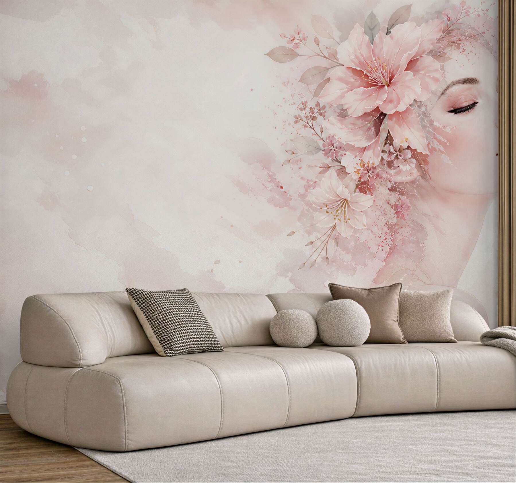 Fototapeta kobieta z kwiatami pastelowa różowa elegancja do sypialni