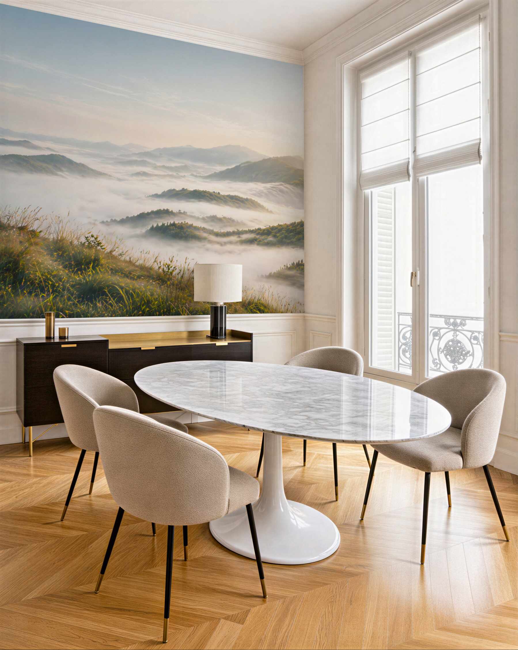 Fototapeta góry we mgle o świcie spokojny krajobraz panoramiczny