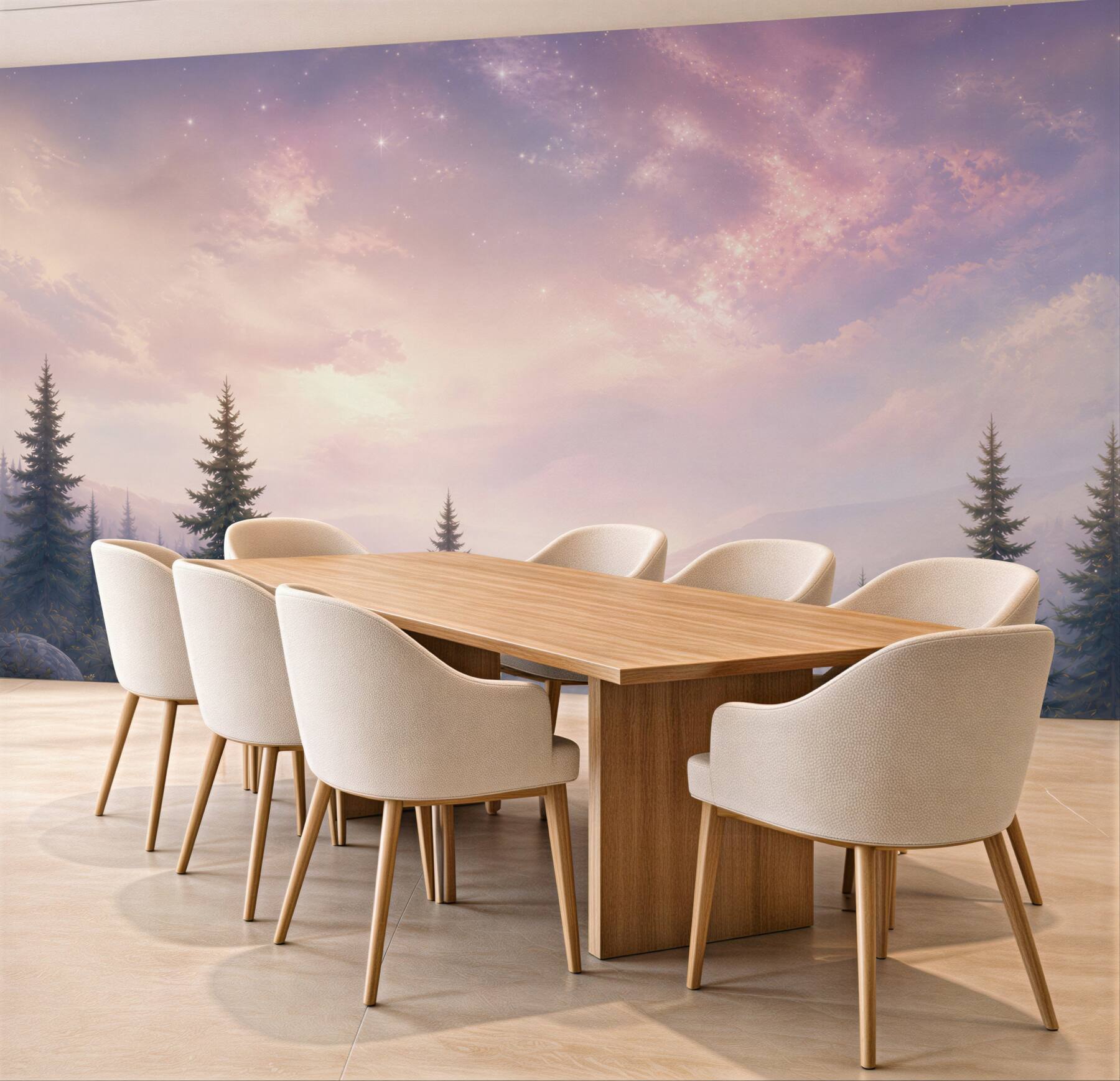 Fototapeta bajkowy las iglasty we mgle pod pastelowym niebem