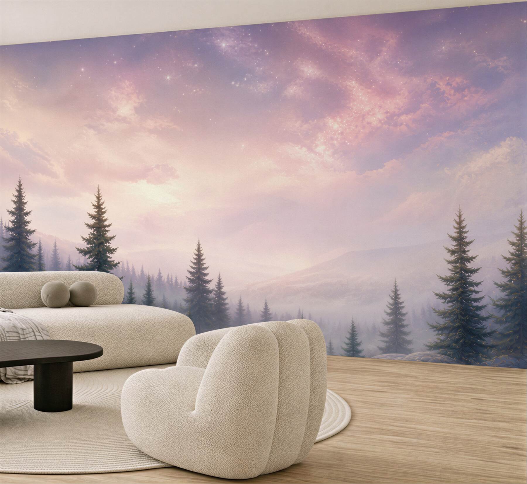 Fototapeta bajkowy las iglasty we mgle pod pastelowym niebem