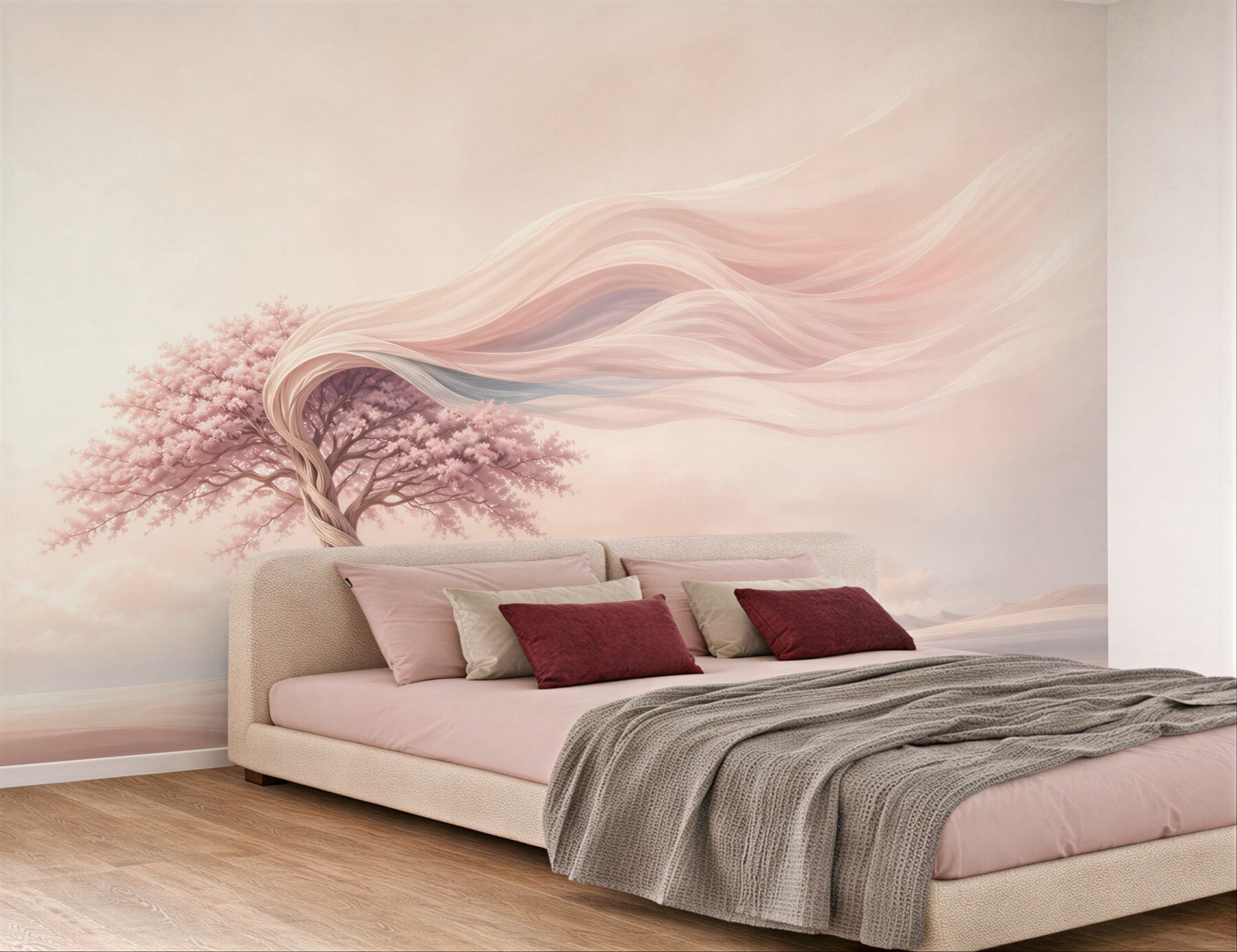 Fototapeta różowe drzewo fantasy na pastelowym krajobrazie