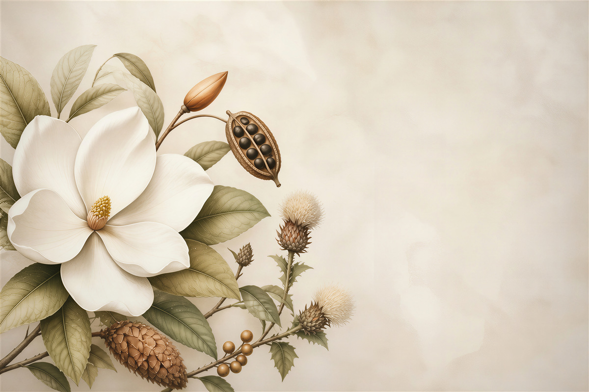 Fototapeta magnolia kremowa z liśćmi w stylu botanicznym