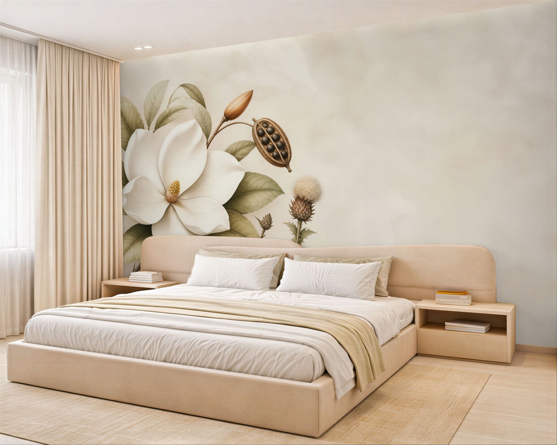 Fototapeta magnolia kremowa z liśćmi w stylu botanicznym