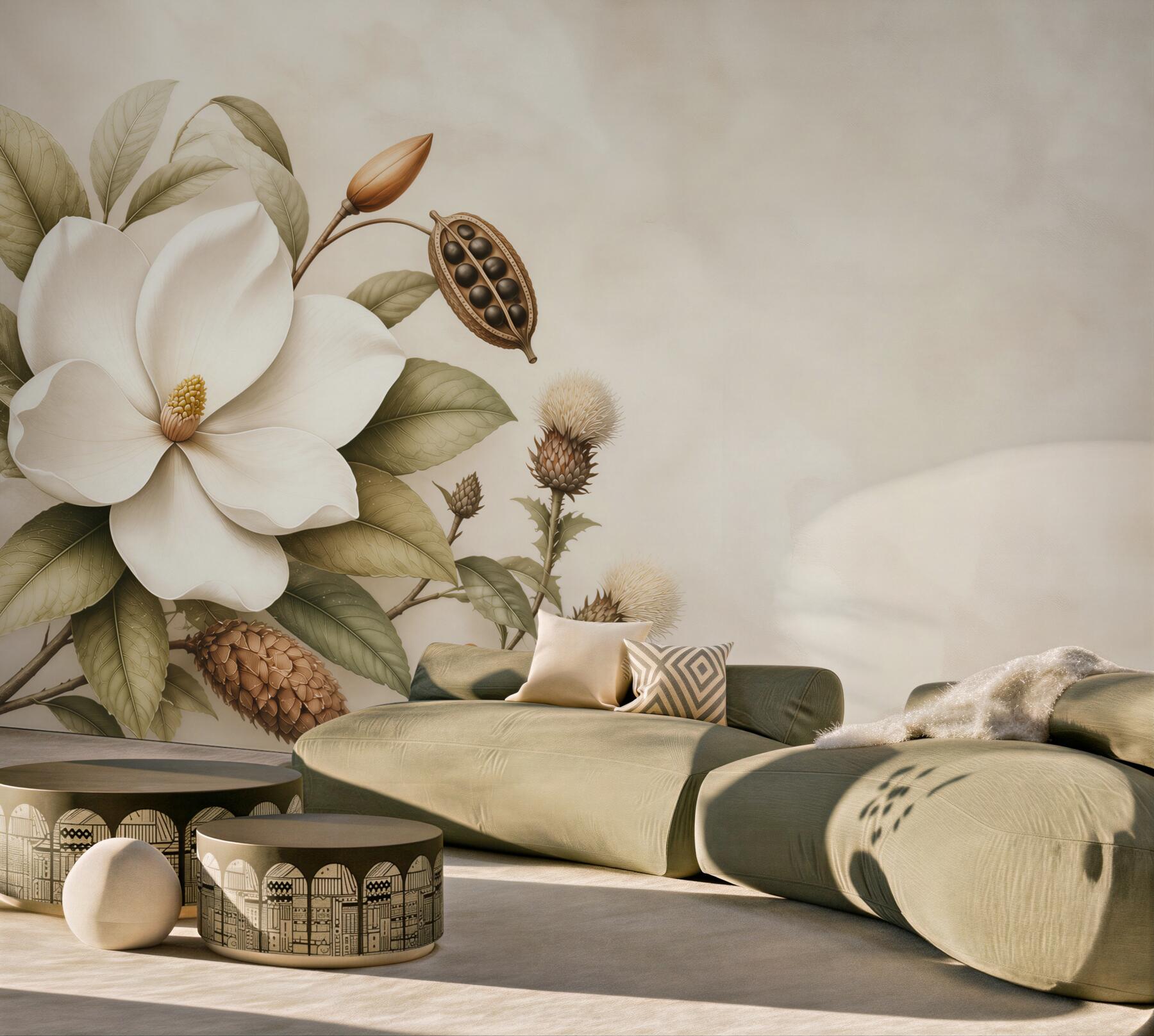 Fototapeta magnolia kremowa z liśćmi w stylu botanicznym