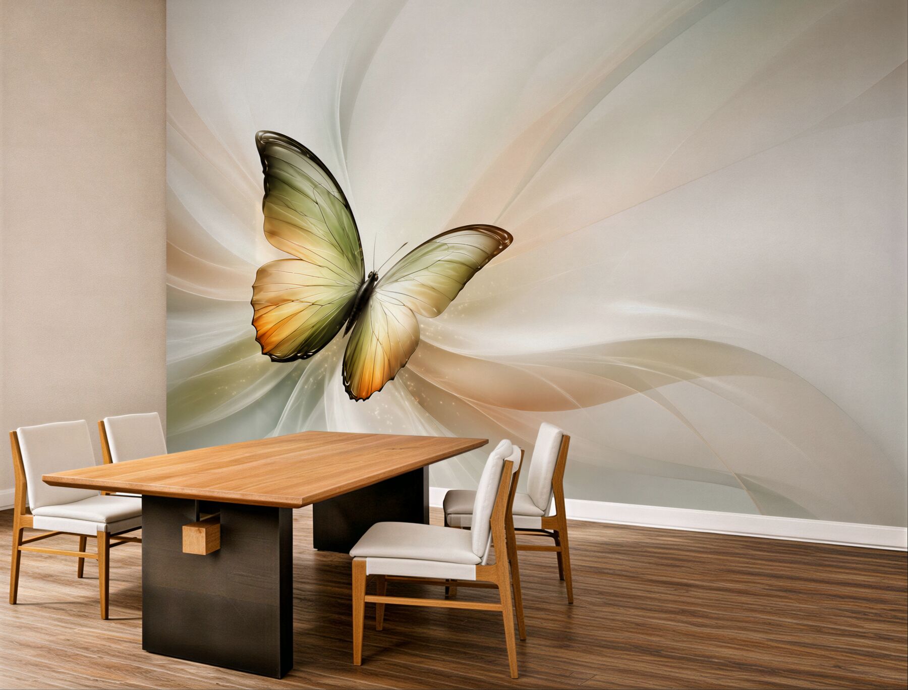 Fototapeta motyl abstrakcyjny w beżowo zielonych tonach elegancka
